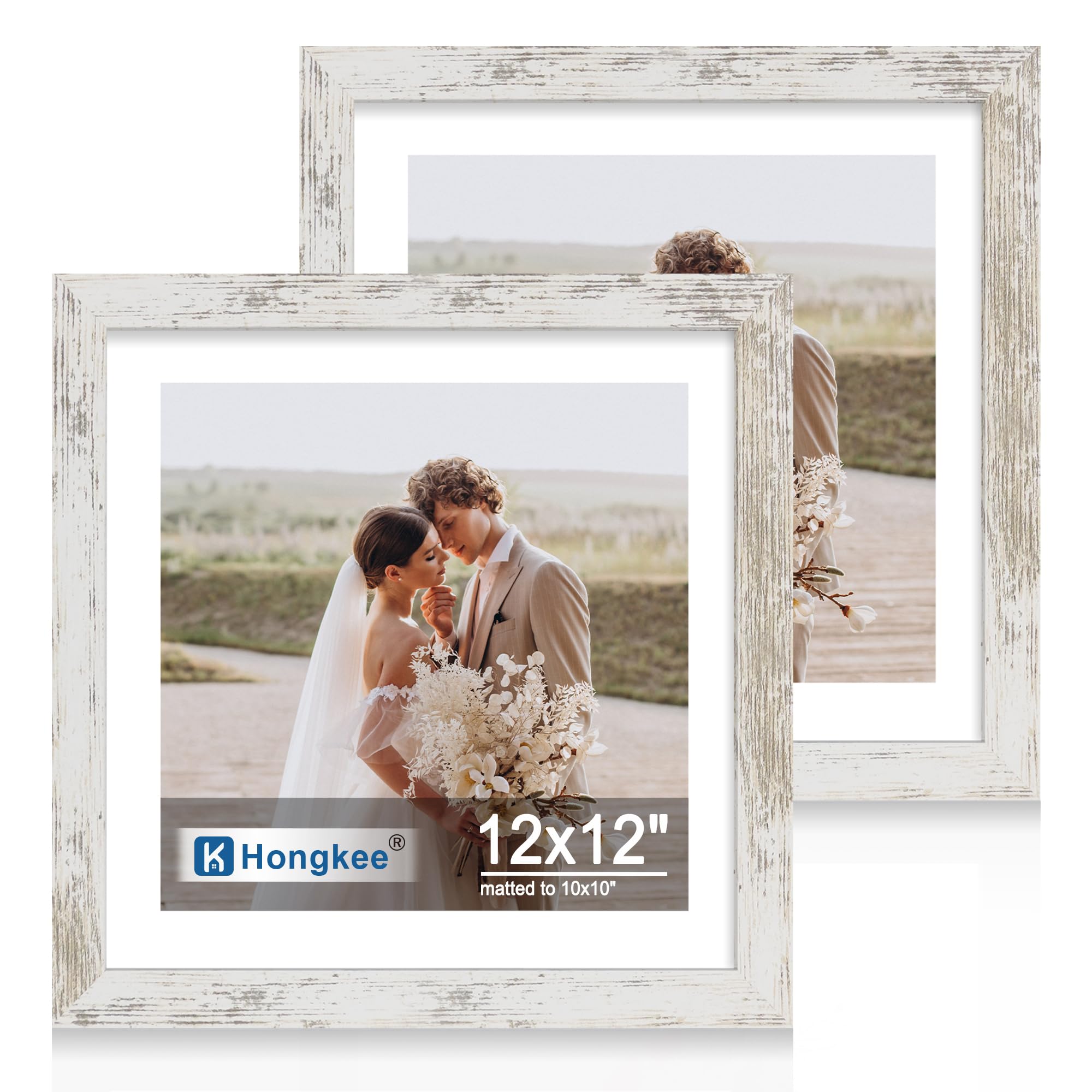 Hongkee 12x12 Picture Frame Set of 2, Made of Real Glass and Distressed White Wooden Frame - Display Square 10x10 with Mat or 12