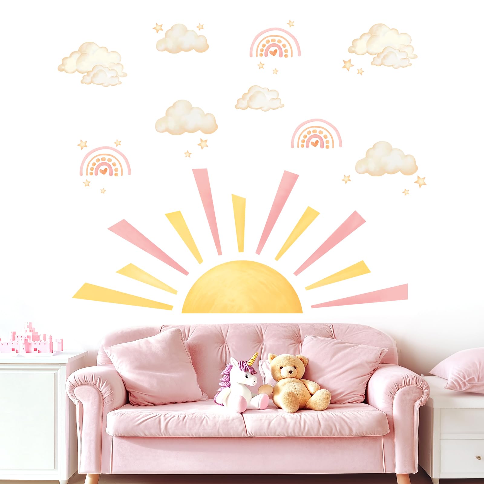 fufuquare Pastel Half Sun Fluffy Clouds Rainbow Wall Decals, Peel and Stick Removable Boho DIY Wall Stickers for Kids Bedroom Nu