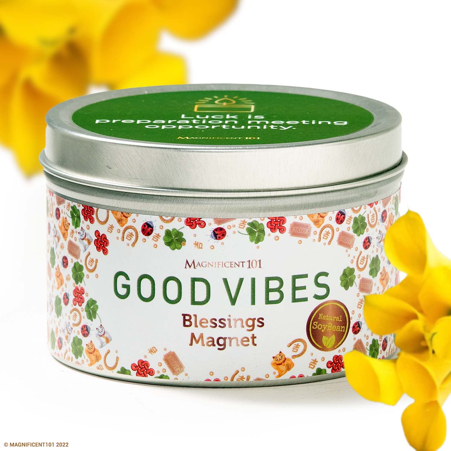 MAGNIFICENT 101 Good Vibes Aromatherapy Candle as Blessings Magnet - Sage, Bergamot, Sandalwood Scented Natural Soybean Wax Tin