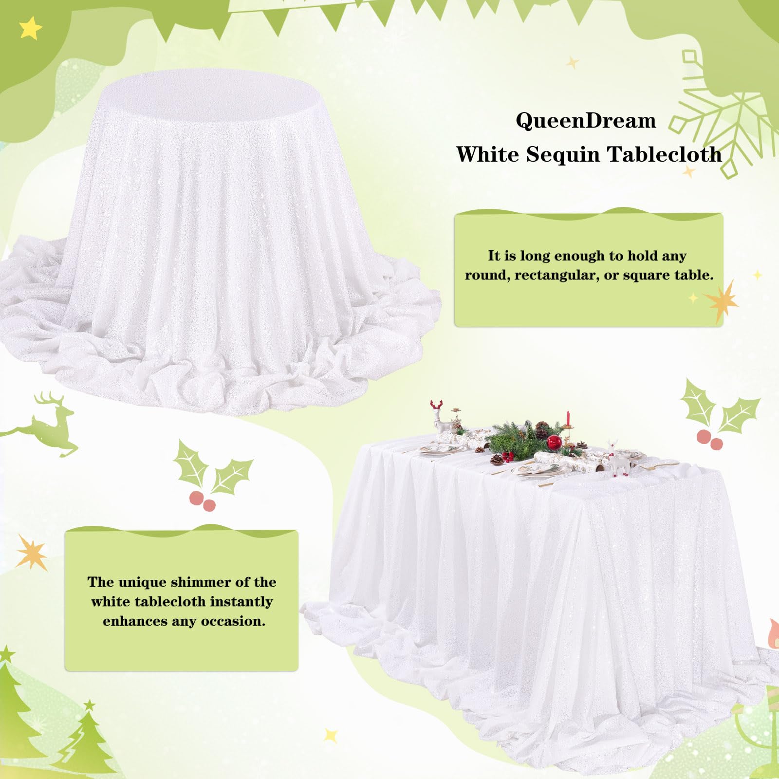 Queendream White Wedding Tablecloth 90X90 Inch Sequin Fabric Table Cloths Rectangle Sparkle Anniversary Banquet Halls Christmas