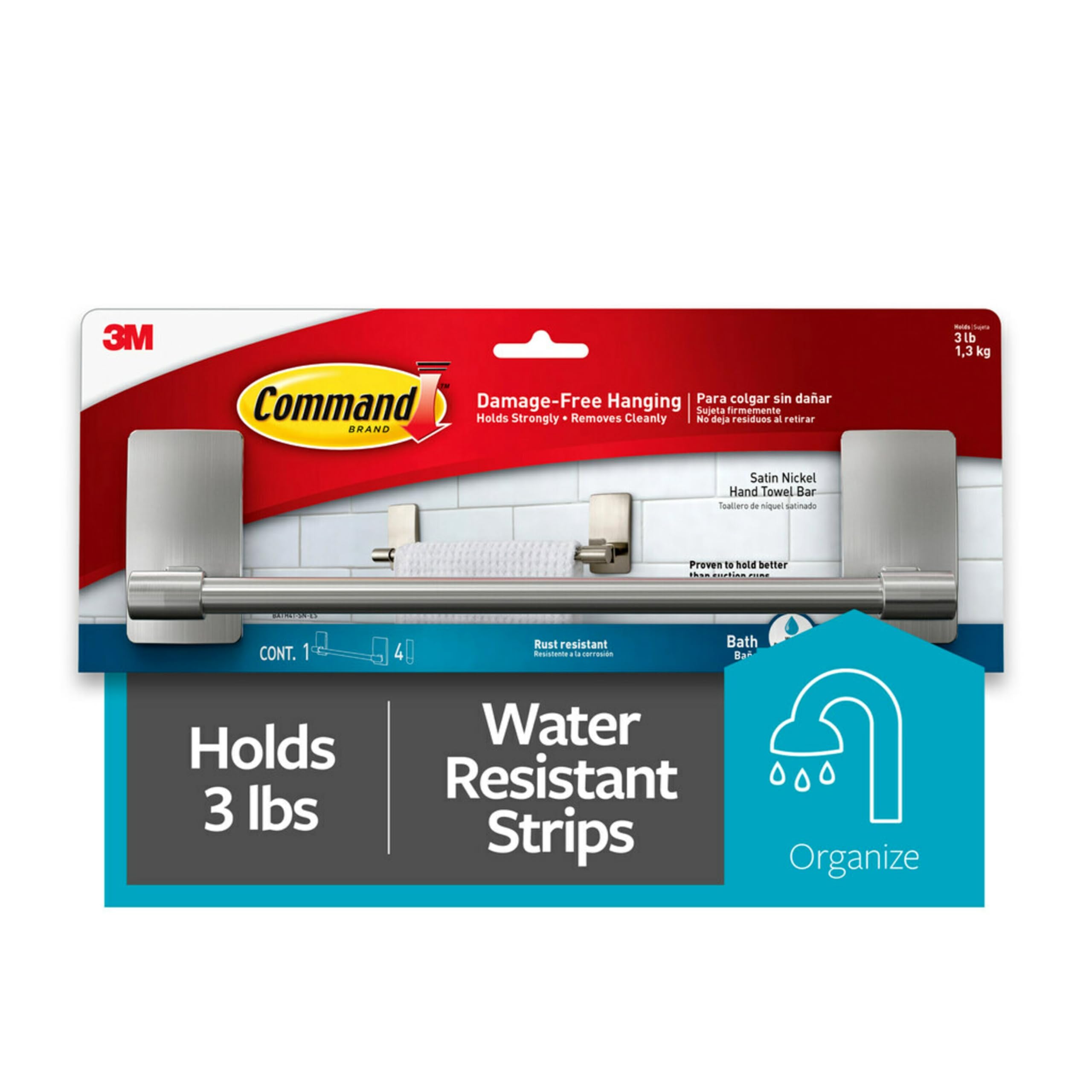 Command Hand Towel Bar Satin Nickel With 4 Water Resistant Command Strips, 9'' Hand Towel Holder, Holds Up To 3 Lb, Great For Ba