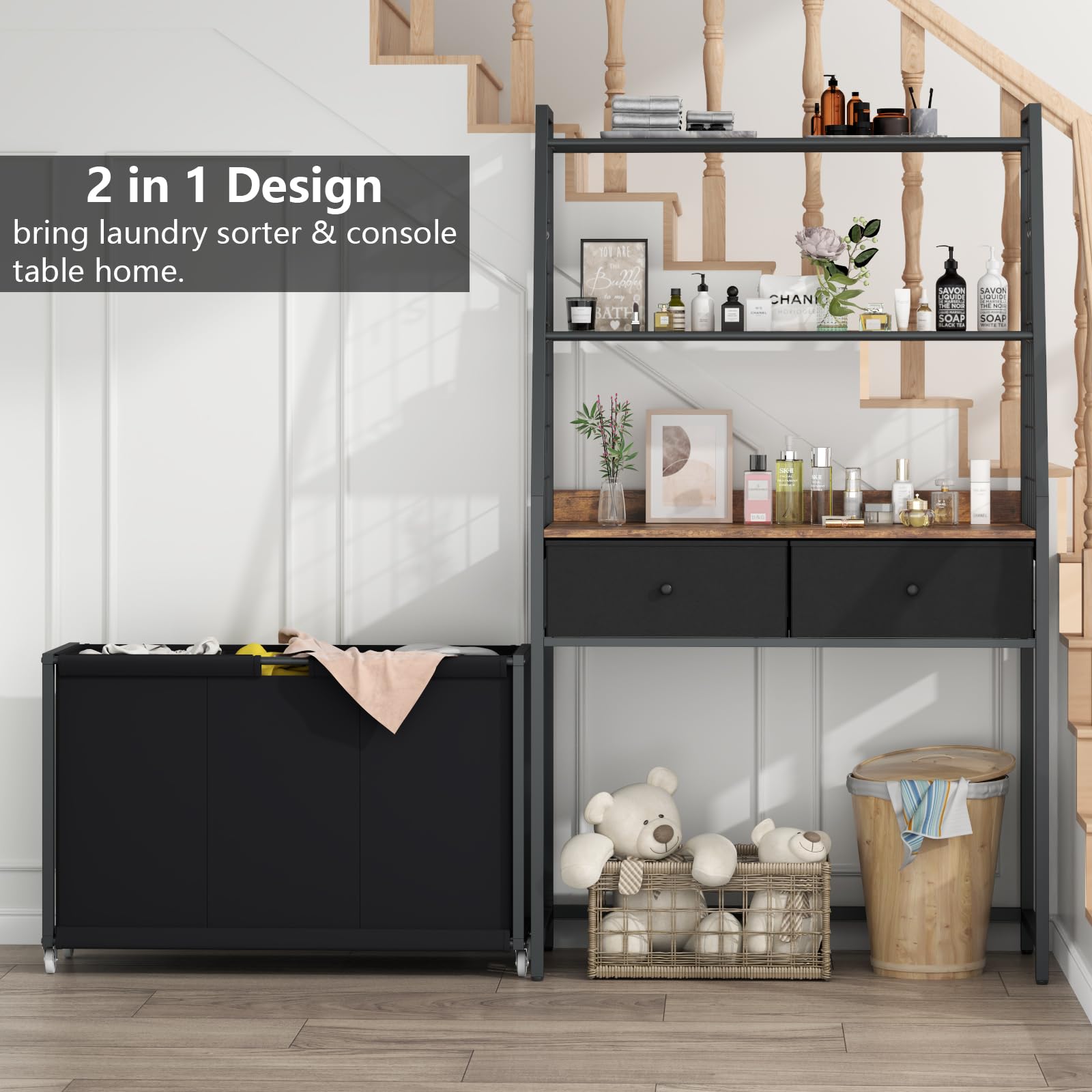 Stikely Laundry Hamper Laundry Basket With 3 Section Pull-Out Rolling Bags & 2-Tier Storage Shelf, Laundry Sorter For Organizati