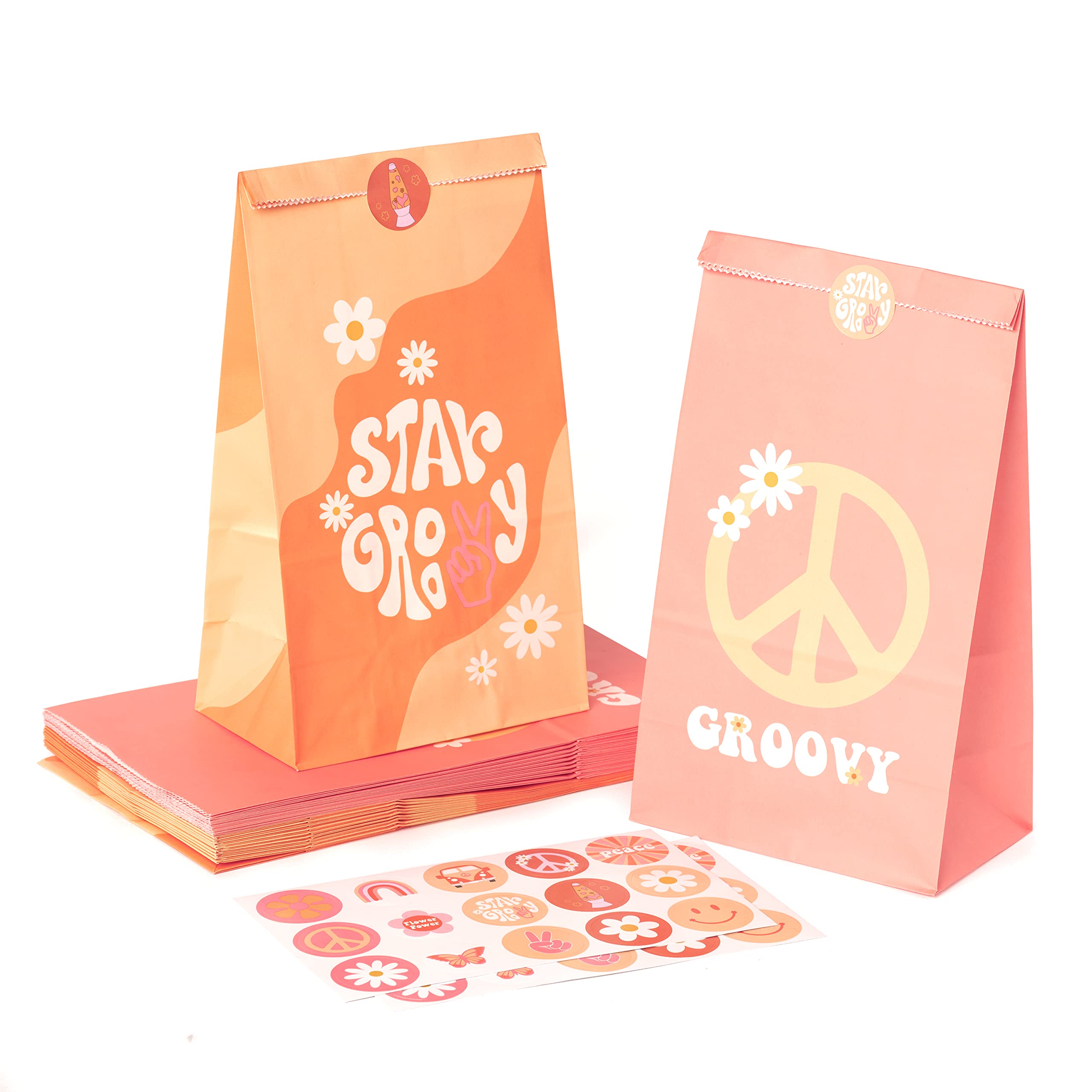 A1Diee 24Pcs Groovy Retro Hippie Boho Party Favors Bags With Stickers Star Groovy Snacks Candy Party Favors Supplies Paper Bags