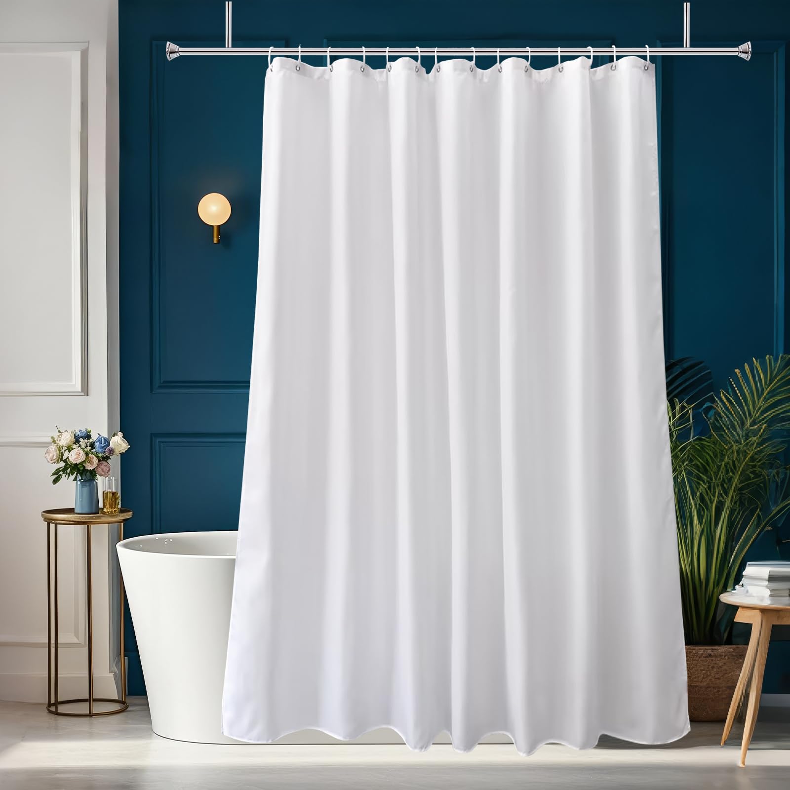 AooHome Hotel Shower Curtain Liner  Fabric Shower Curtain with Hooks  Waterproof  Weighted Hem  72 x 72 Inch  White