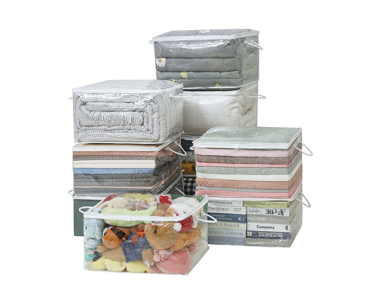 Remittur 10 PCS Clear Zippered Storage Bags with Handle, Sweater Storage with Zipper, Foldable Closet Organizer Bed Sheet Organi