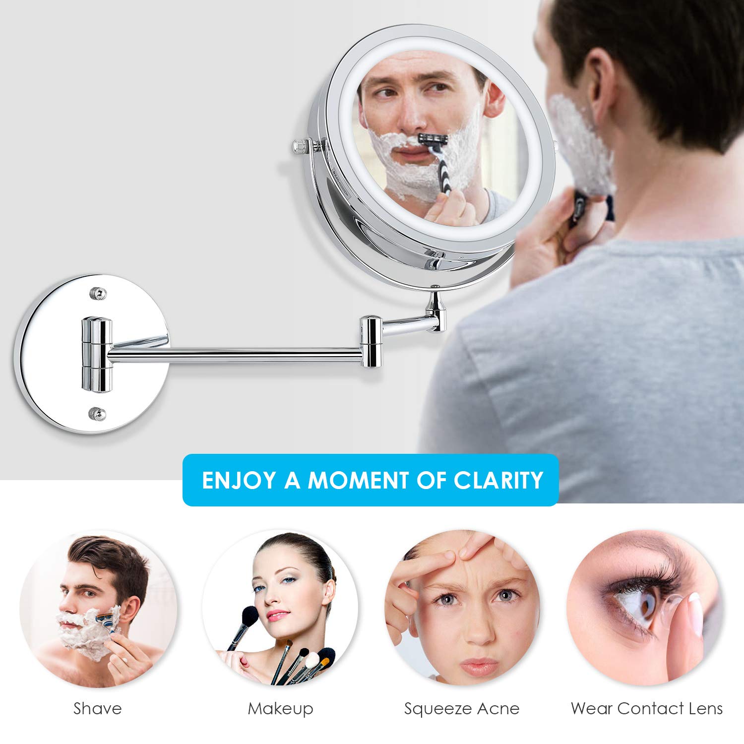 ALVOROG Wall Mounted Makeup Mirror LED Lighted Double Sided 5X Magnification 360 Swivel Extendable Cosmetic Vanity Mirror for Ba