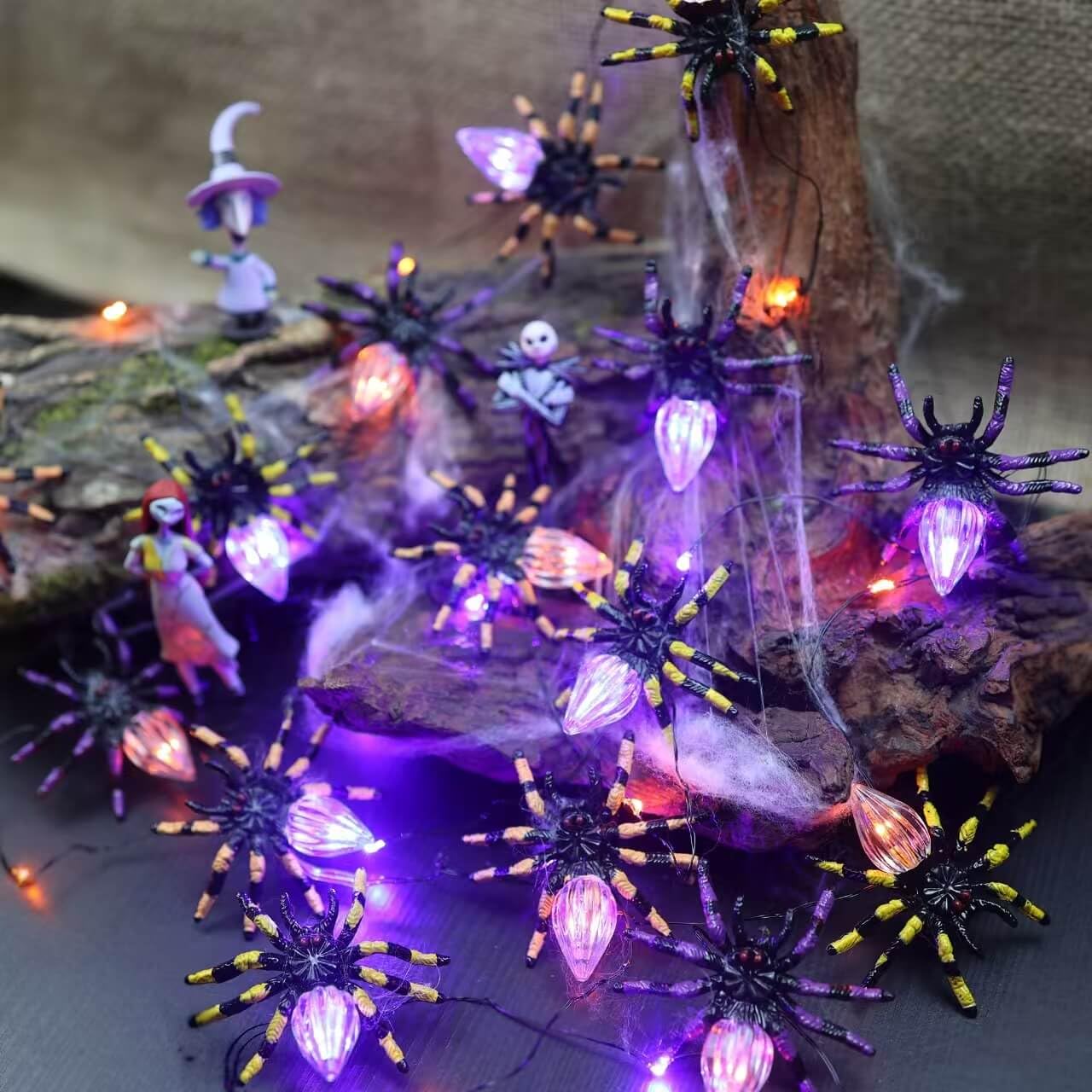 Belniak Spooky Glowing Spider Halloween Lights-Purple Orange 10FT String with 15 3D Spiders-Waterproof Battery Operated Fairy Li
