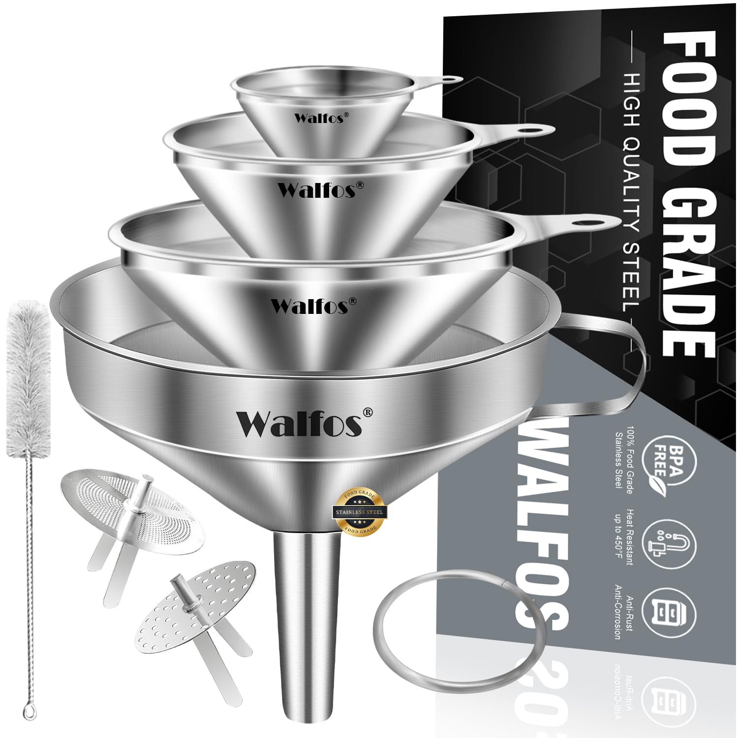 Stainless Steel Funnel, Walfos 4 Pack(4in?3 in?2.2 in?1.7in Kitchen Funnel with 2 Removable Strainer & 1Pcs Cleaning Brush, Perf