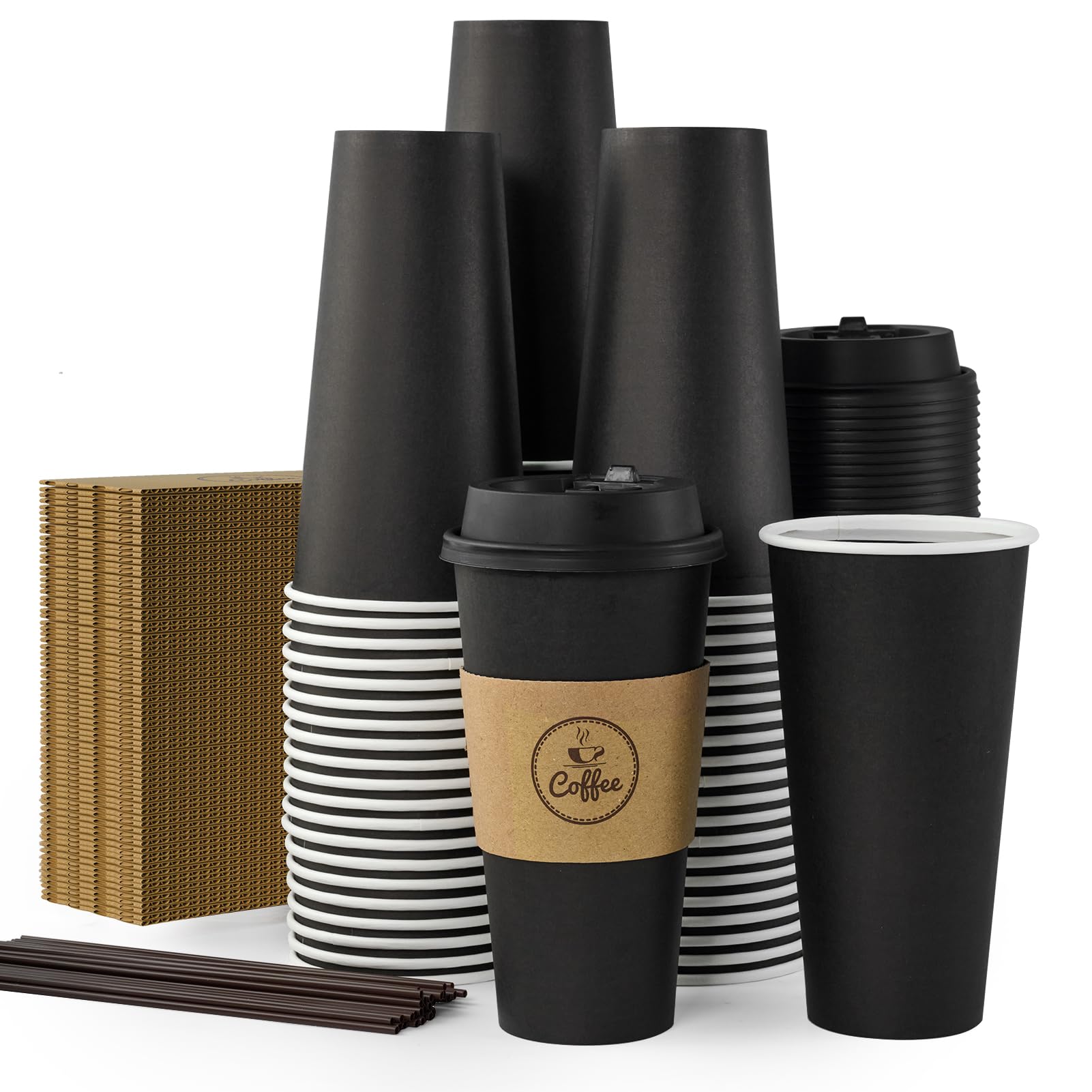20 oz Black Paper Coffee Cups with Lids, Sleeves and Stirrers 100 Count