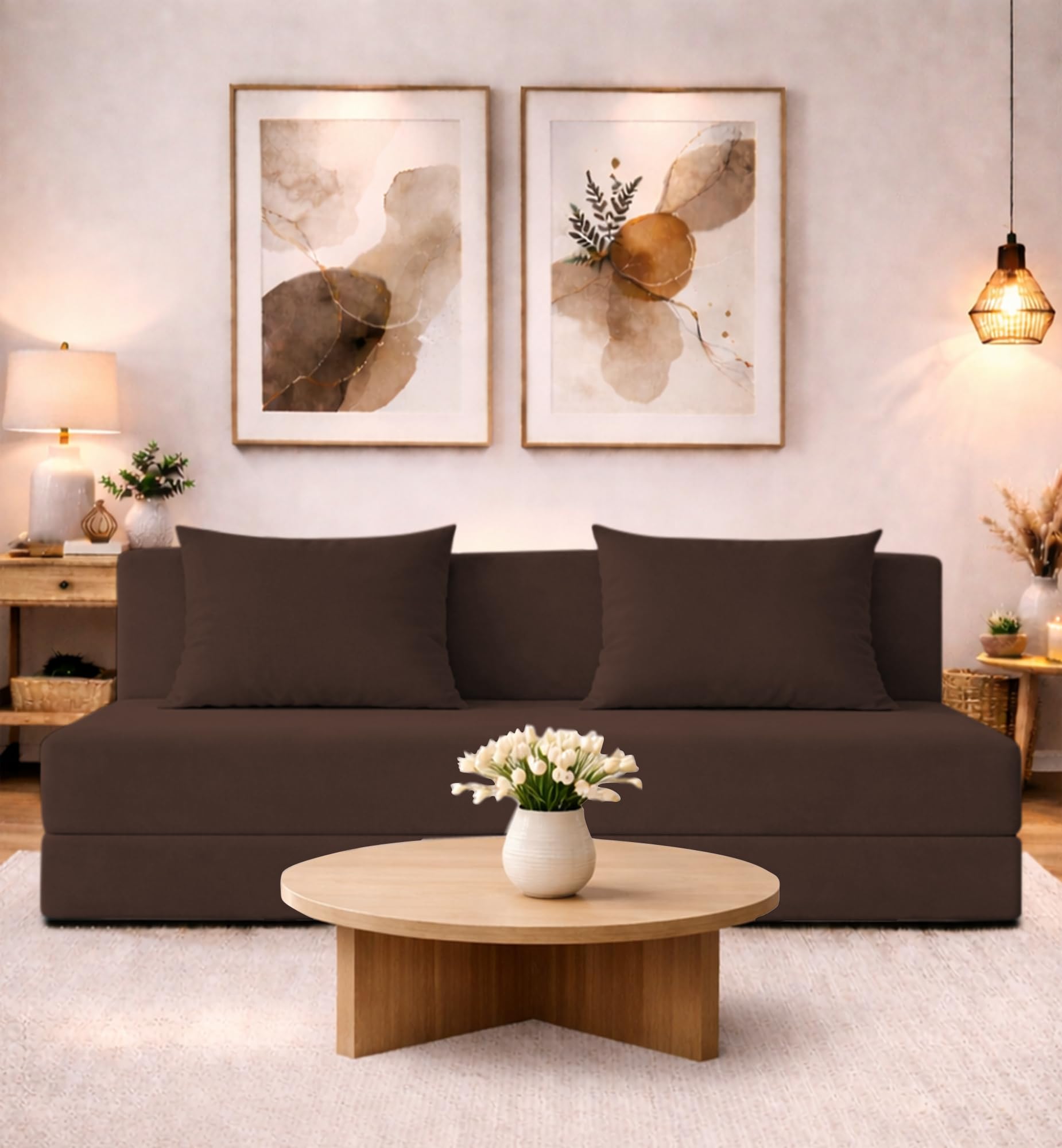 Adorn India Easy 4 Seater Sofa Cum Bed | Velvet Fabric | Brown | Plain Design | 6X6 Ft | Comfortable Seating | Washable Cover | 