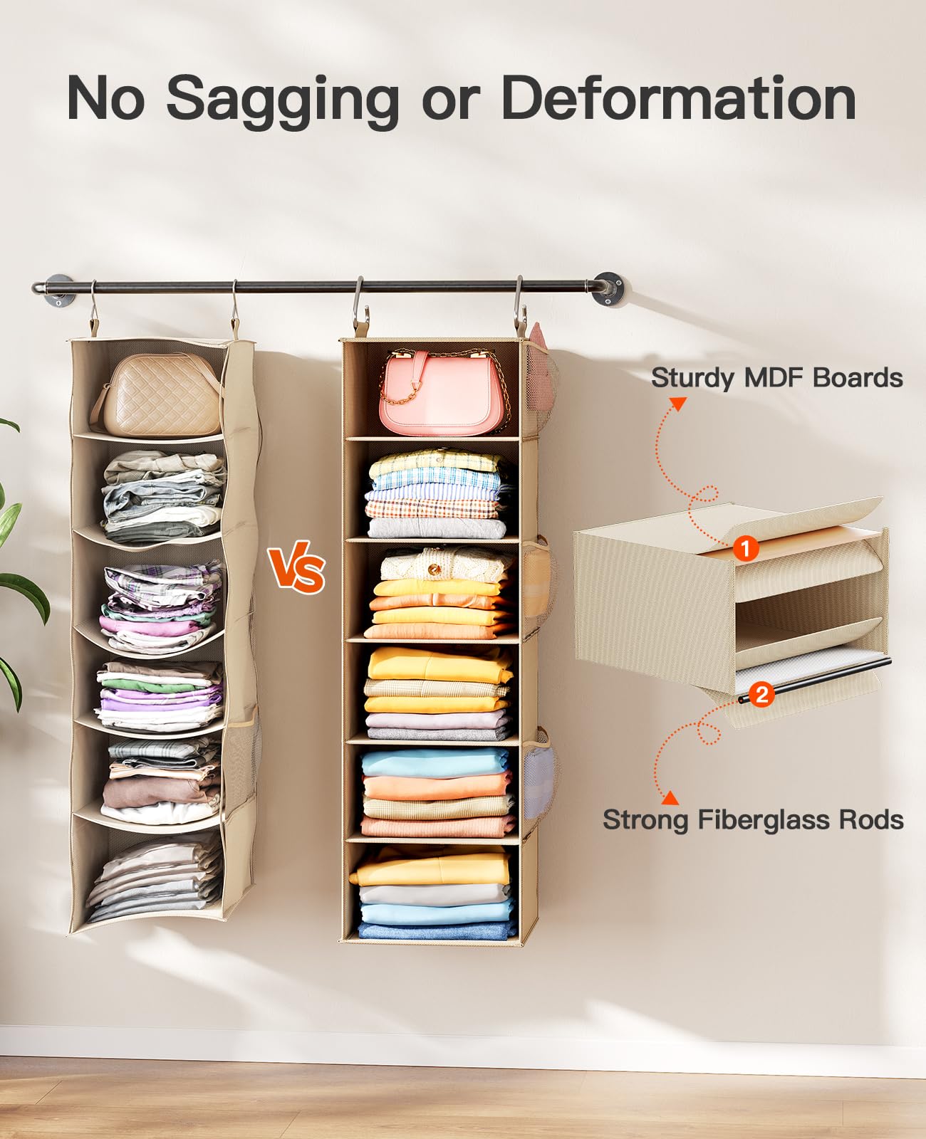 Pipishell Hanging Closet Organizer 6-Shelf  Hanging Shelves for Closet with 3 Removable Drawers & Side Pockets  Hanging Shelf Organizer for Bedroom or Garment Rack  12'' x 12'' x 43.3''  Beige