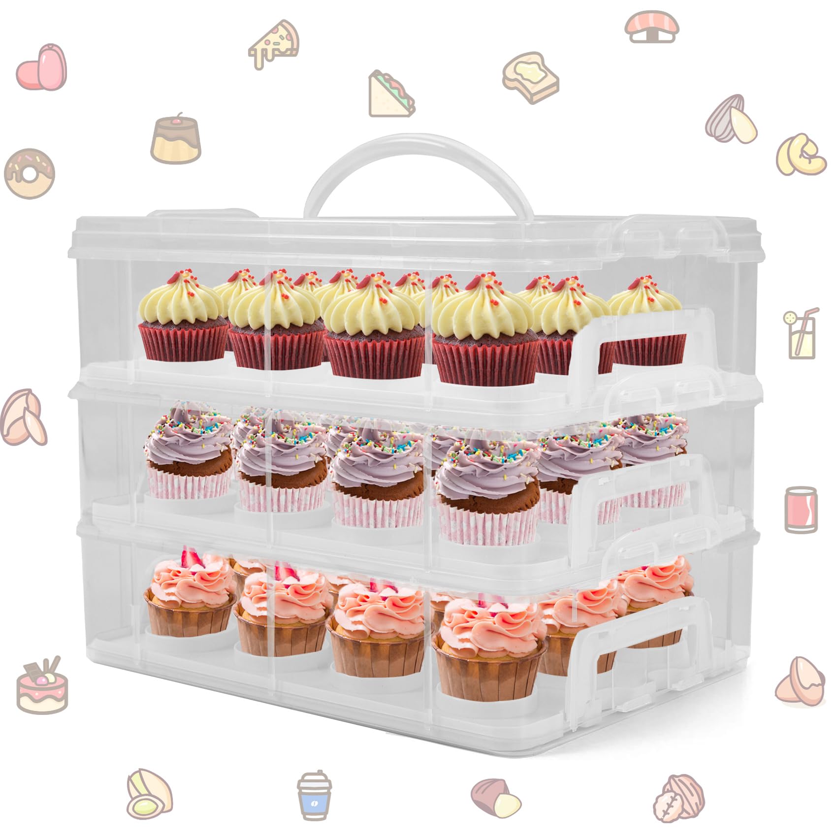 Lepump Cupcake Carrier, 3-Tiers Cupcake Containers, Holds 36 Cupcakes Or 3 Large Cakes, Cupcake Holder, Cupcake Box With Lid And