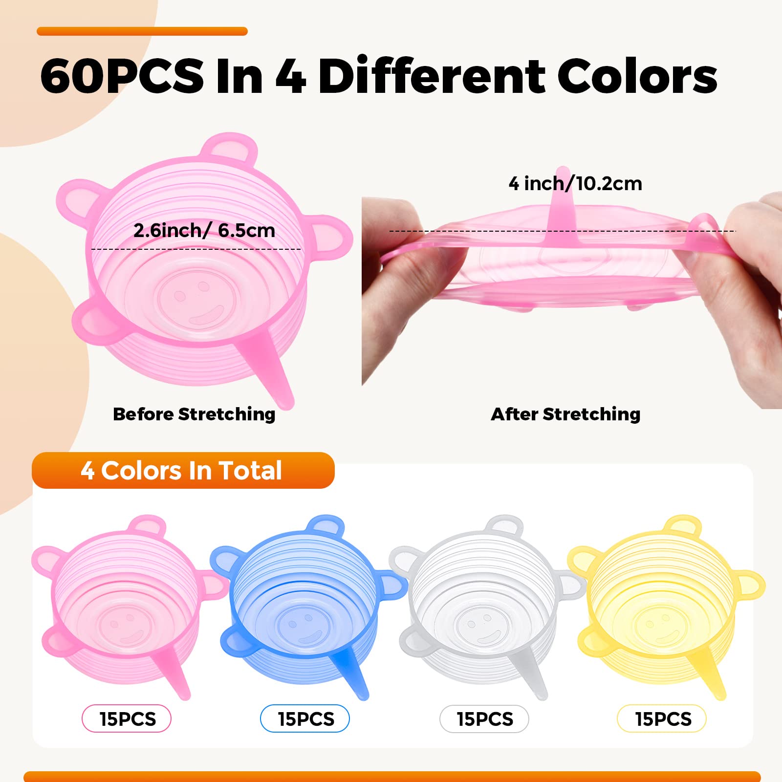 Nuogo 60 Pieces Silicone Stretch Lids 2.6-3.3 Inch Reusable Microwave Cover For Food Bowl Covers Silicone Covers For Bowls, 4 Co