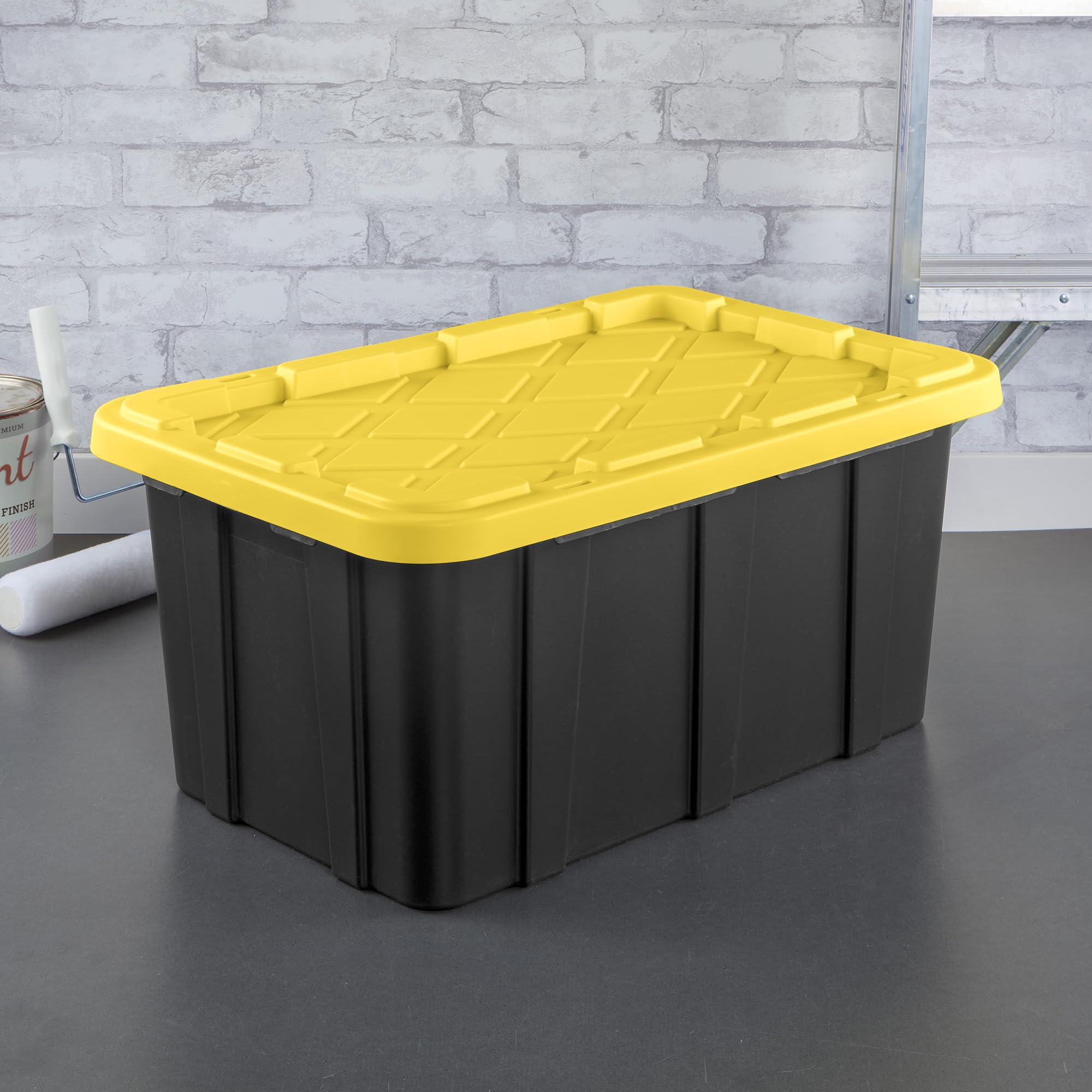 Sterilite 17 Gal Industrial Tote, Stackable Storage Bin With Snap-Fit Lid For Garage, Basement & Attic Storage, Black Base And Y