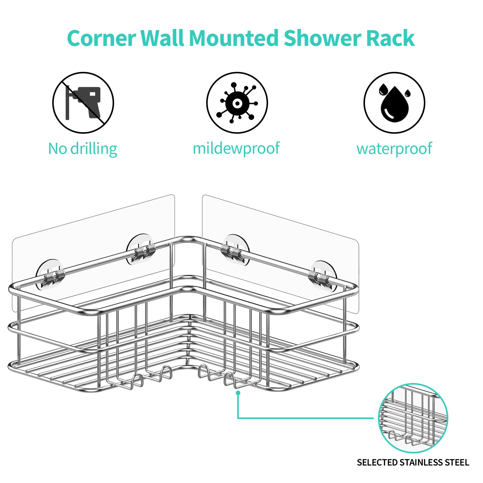 Menbyci Corner Shower Caddy  Adhesive Shower Shelf with Hooks  Stainless Steel Rustproof Bathroom Storage Organizer  No Drilling Shower Shampoo Holder Wall Mounted  2-Pack