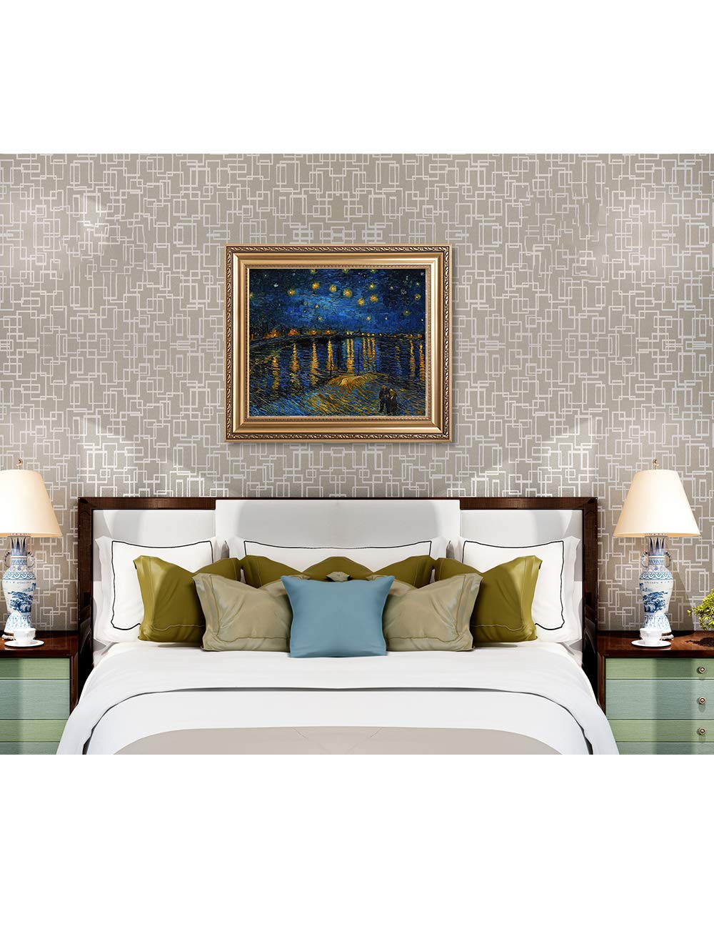 Decorarts - Starry Night Over The Rhone - Vincent Van Gogh. Giclee Print On Canvas With Matching Golden-Relief Framed Wall Art.