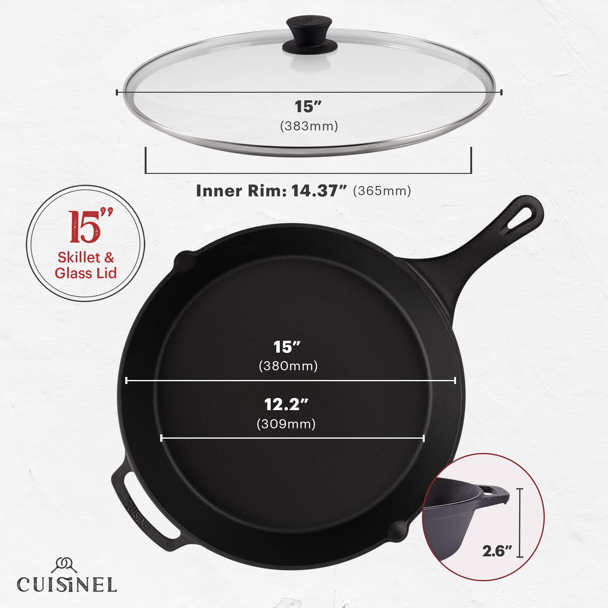 Cuisinel 15 Cast Iron Skillet + Glass Lid Cover + Black Pan Scraper + Silicone Handle Grip Cover - Pre-Seasoned Kitchen Cookwa