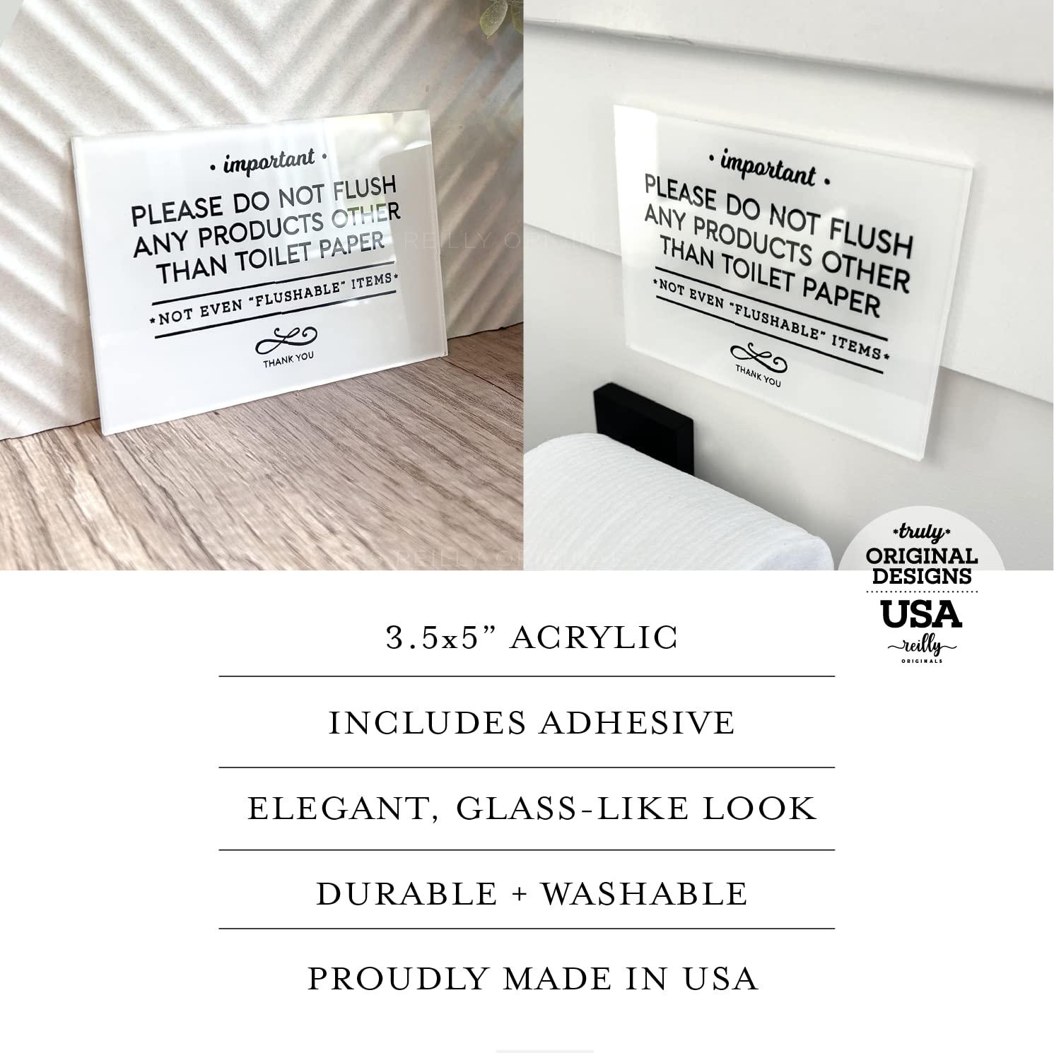 Reilly Originals 3.5X5 Inch Small & Elegant Designer Acrylic Bathroom Sign ~ Includes Adhesive ~ Washable, Premium Glossy Finish