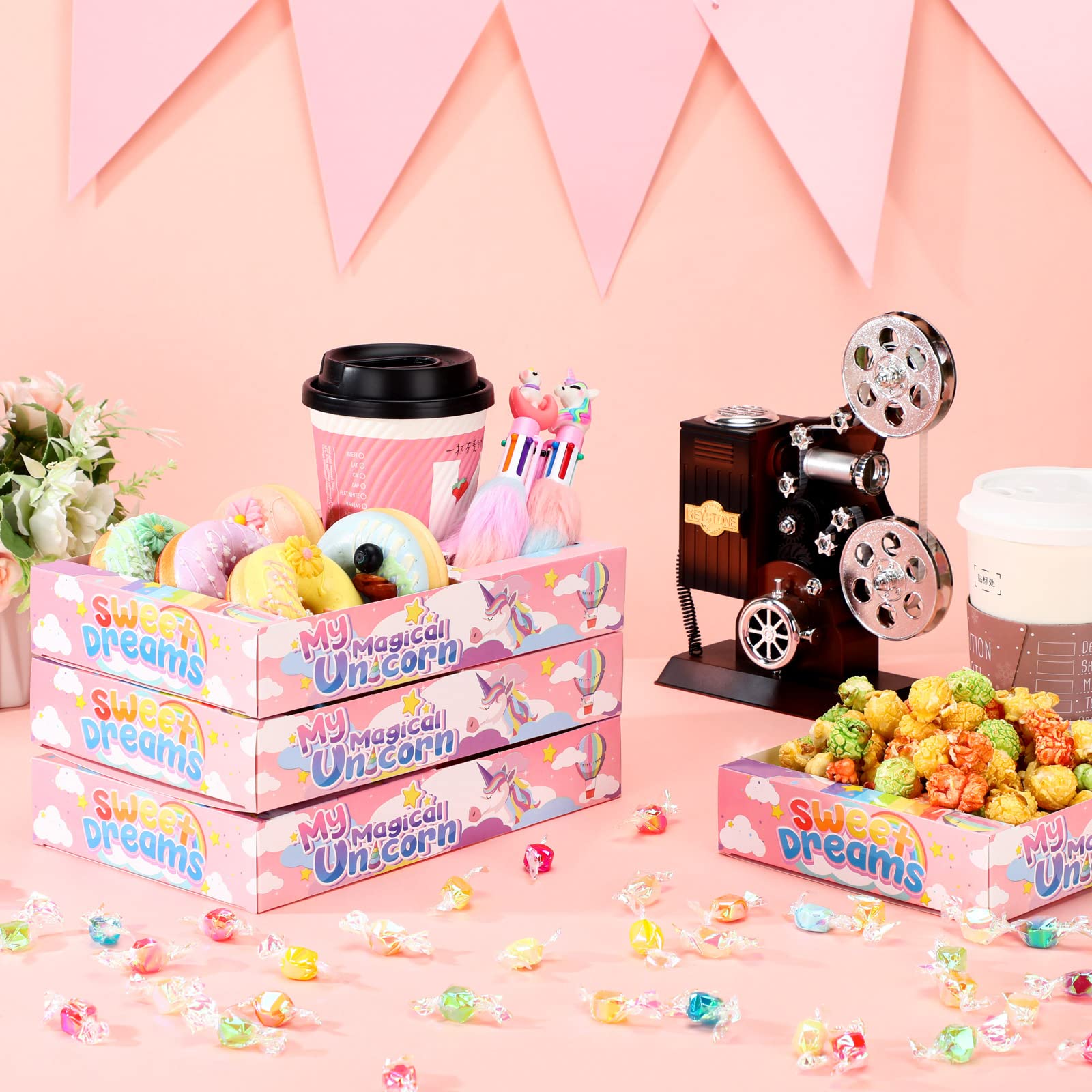 Marsui 20 Pcs Unicorn Popcorn Boxes Movie Night Snack Trays Unicorn Popcorn Trays Movie Night Snack Trays Hold Popcorn Candy Foo