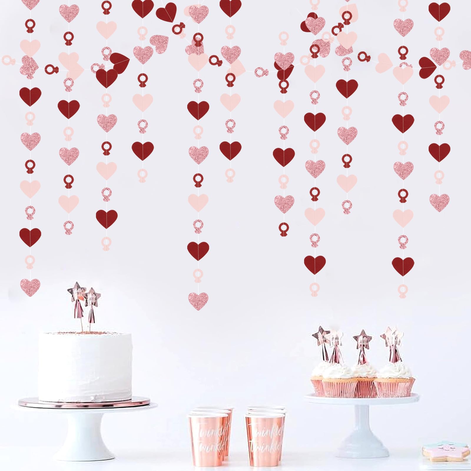 Rose-Gold Pink Burgundy-Red Heart-Ring Garland - 52Ft Engagement Bachelorette Party Decorations Wedding Paper Streamers Banner,V