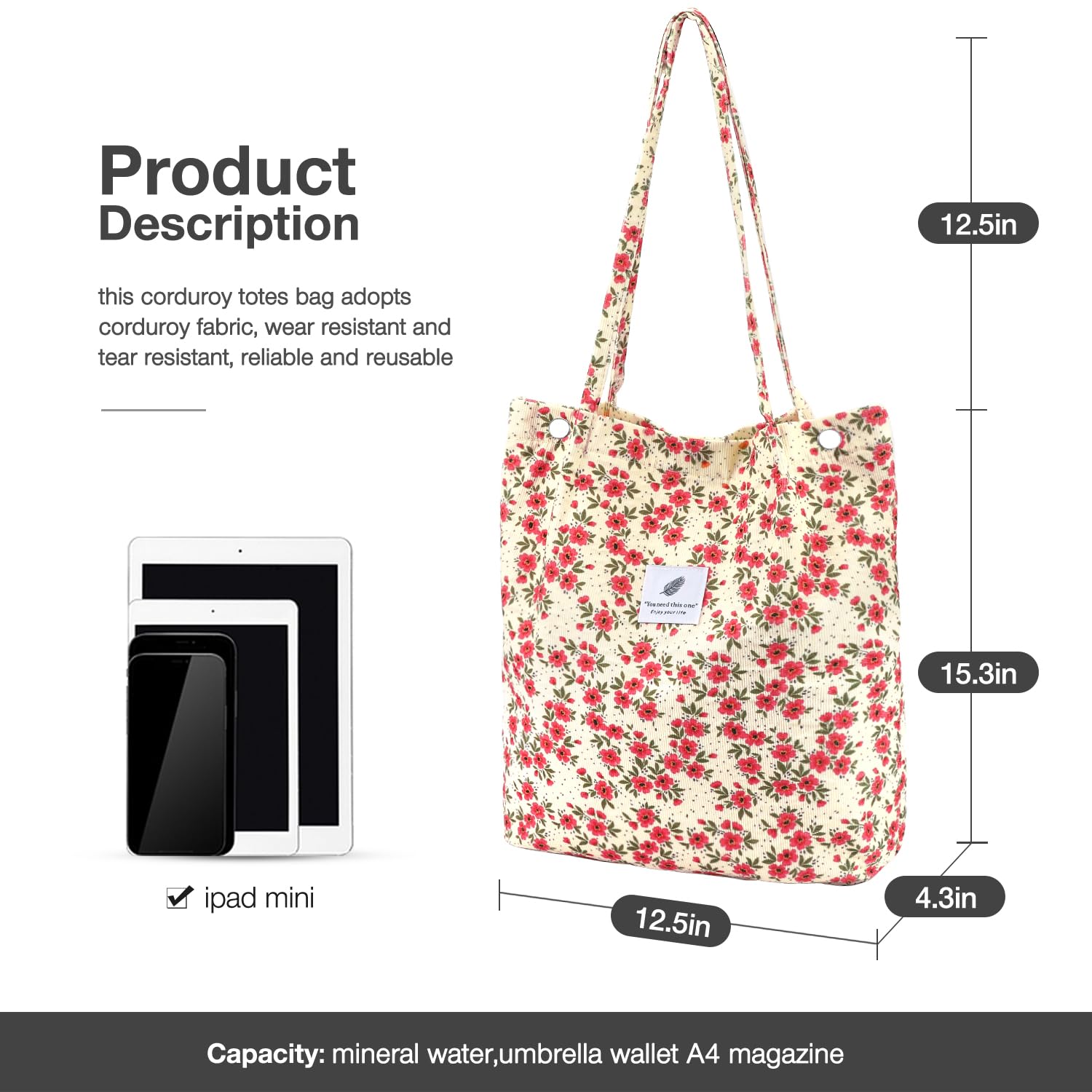 Lhmtqvk Corduroy Tote Bags For Women, Large Capacity Corduroy Bag Reusable Grocery Shoulder Bag With Inner Pockets(Floret)