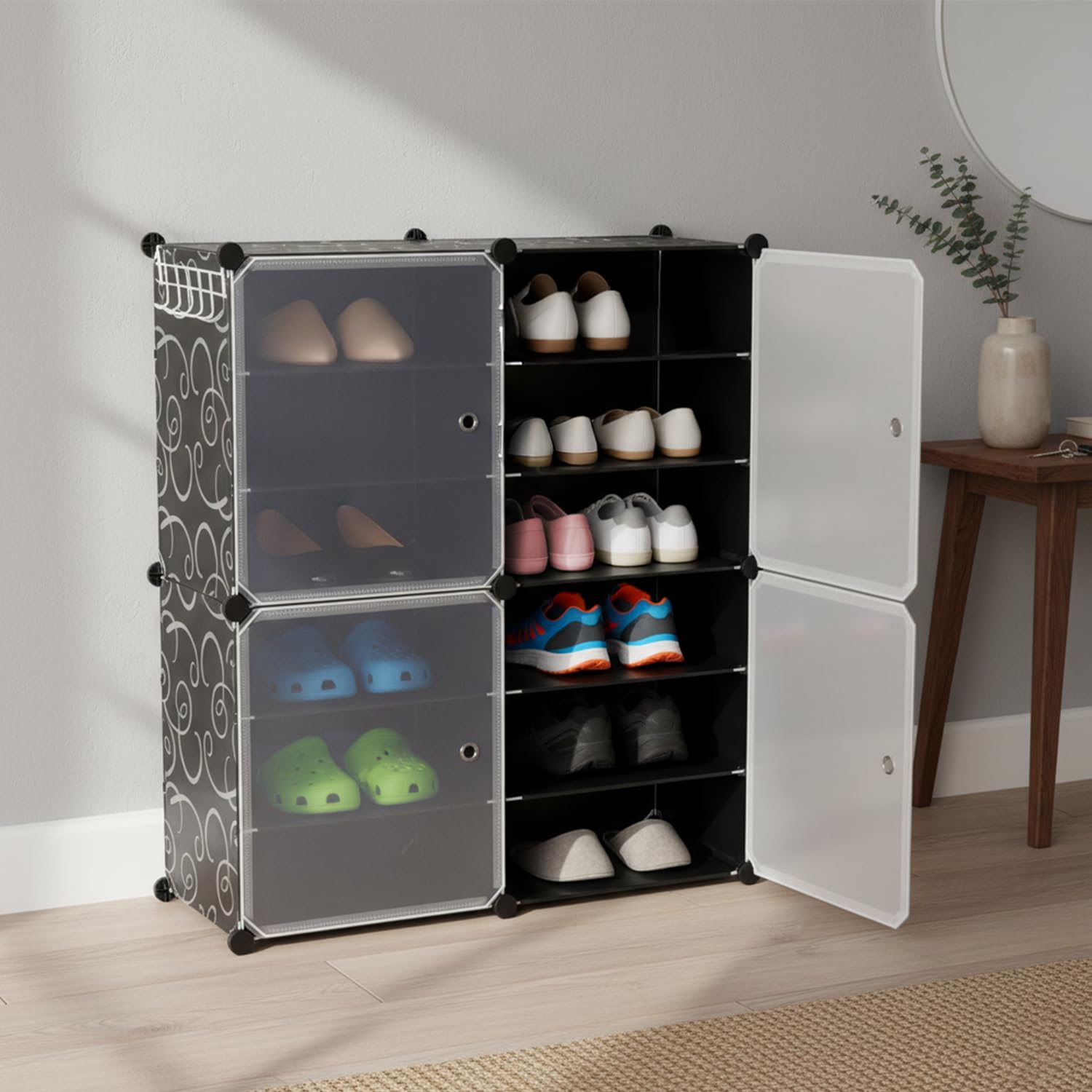 Amazon Basics Plastic Shoe Rack | 4Door | 85  32  95 Cm | Black | Pp + Iron | Stackable, Dustproof, Foldable & Easy Assembly