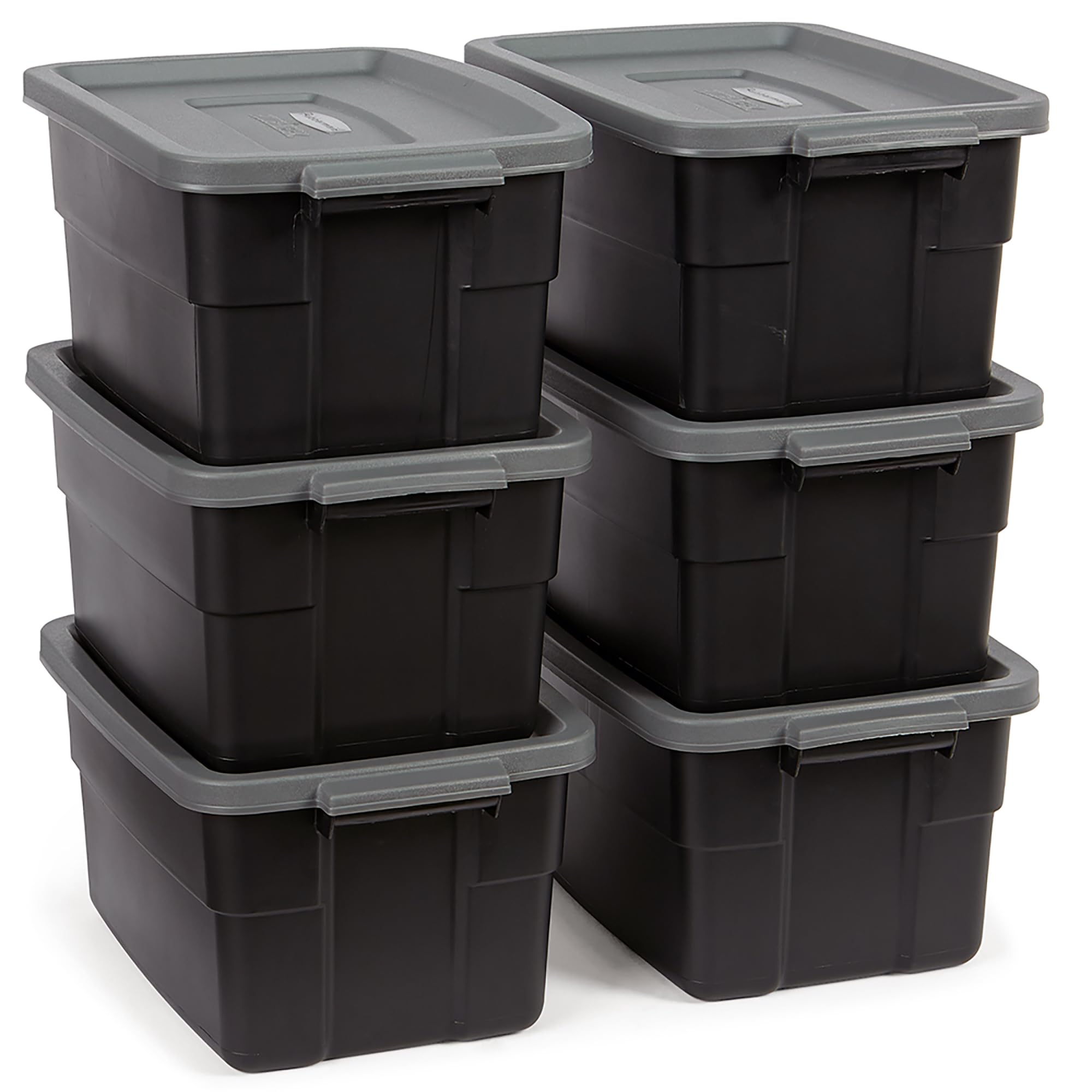 Rubbermaid Roughneck Tote 3 Gal - 6 Pack Made In The Usa Black & Grey, Rugged Plastic Stackable Storage Tote With Lid And Handle