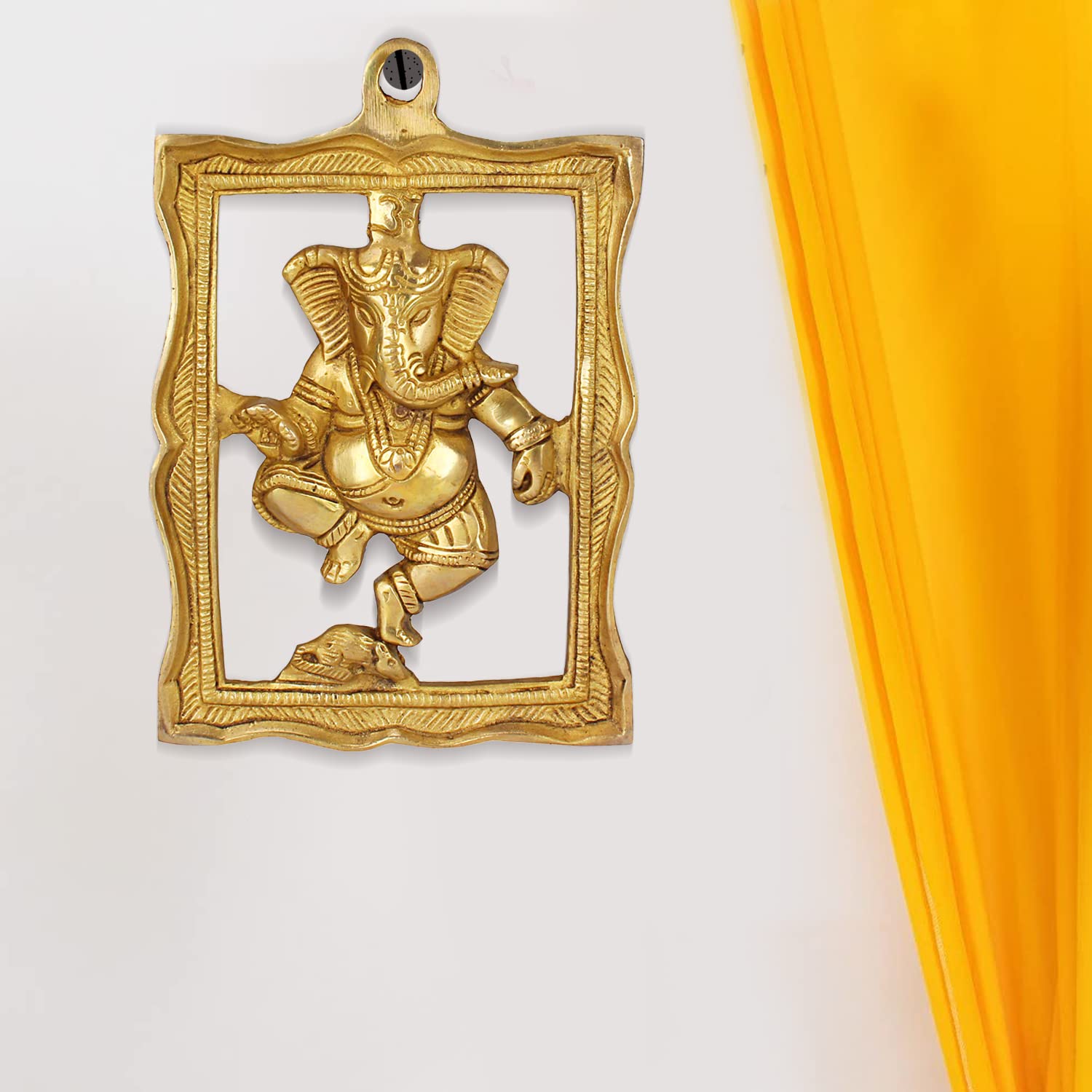 Kartique Ganesha Brass Wall Hanging Idol - Dancing Posture, 9 Inches Tall, Decorative And Auspicious Statue