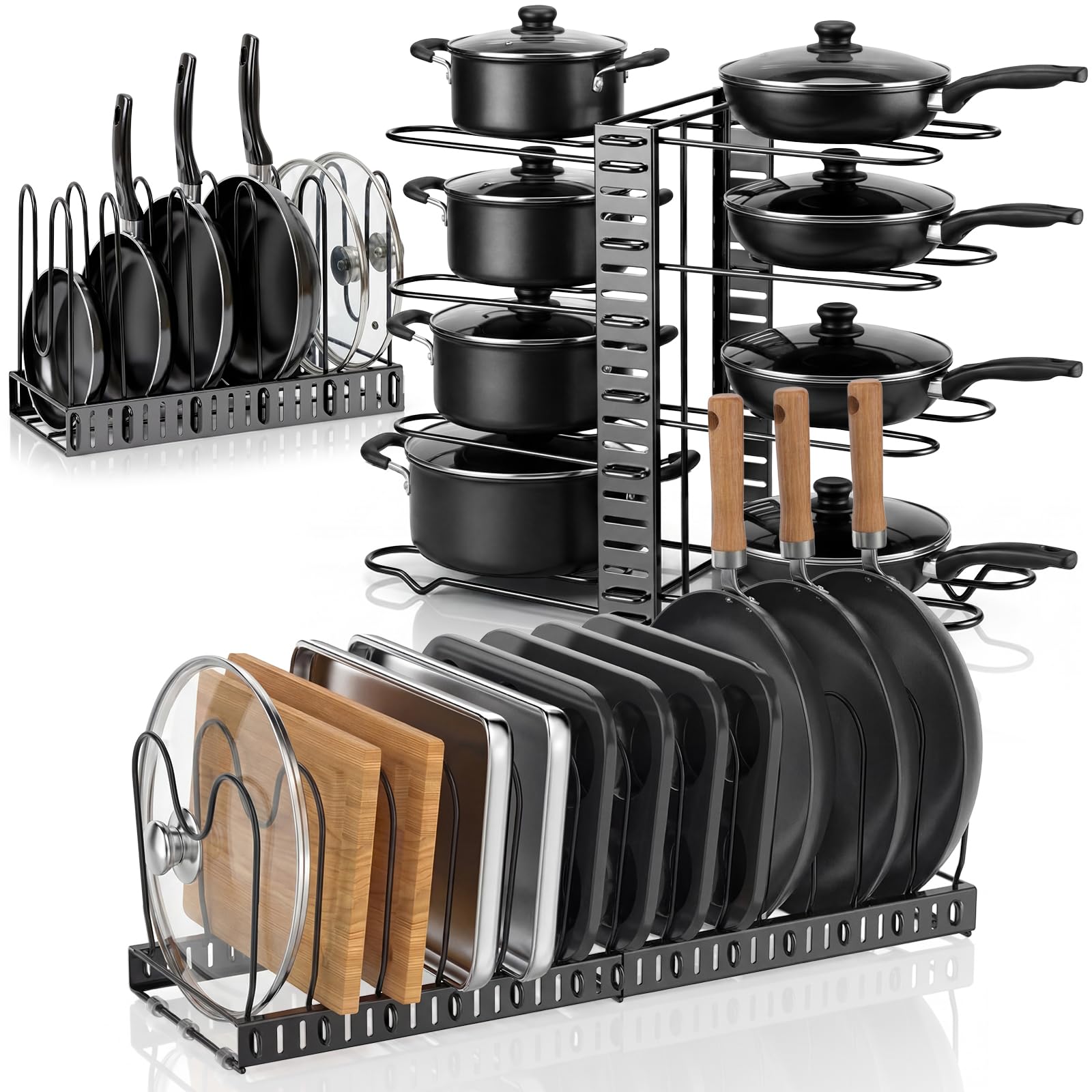 2 Pack Pot & Pans Organizer Kit for Cabinet, 8 Tier Adjustable Pot & Pans Organizer Rack, Expandable Cutting Board Storage Rack 