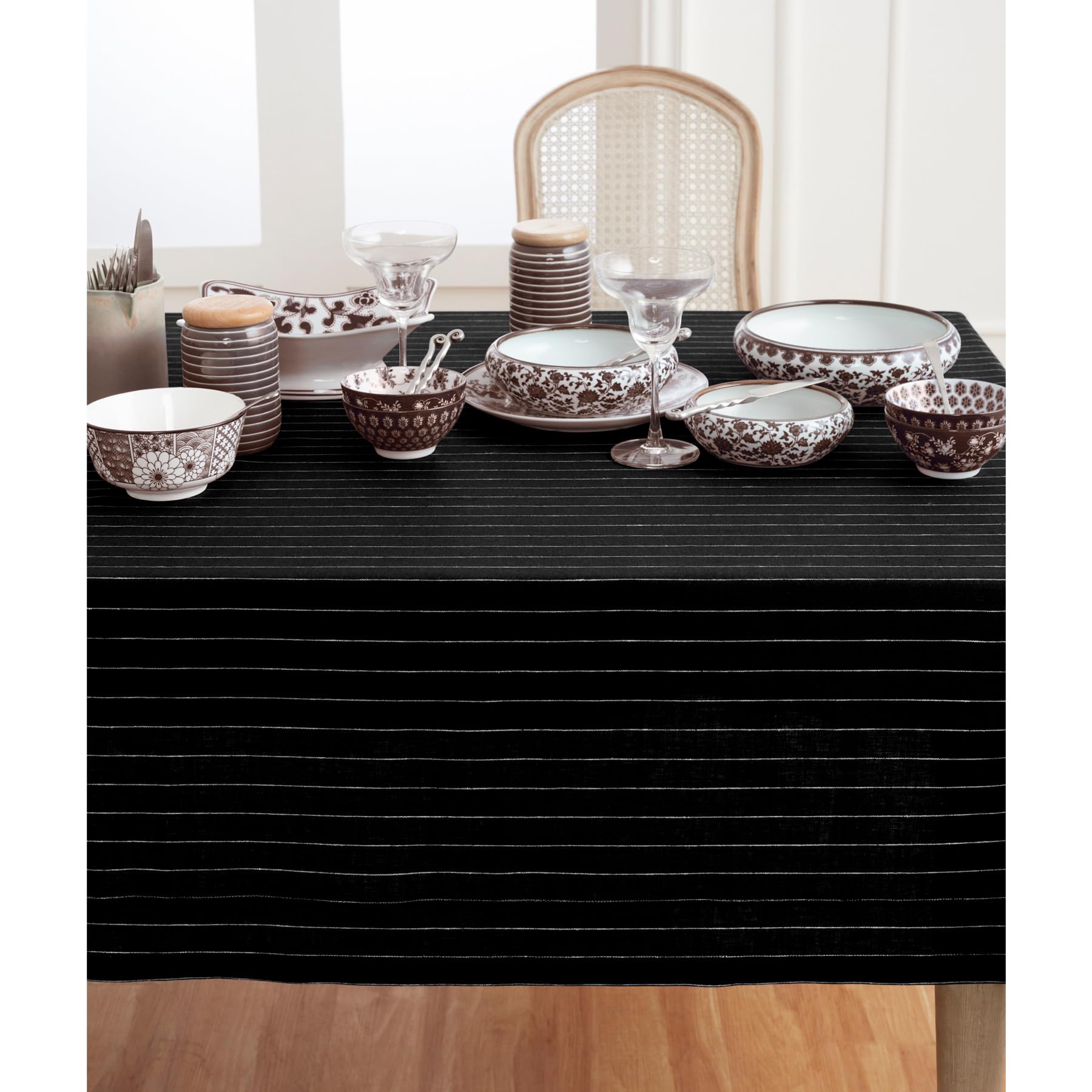 Solino Home Pinstripe Linen Tablecloth 90 '' L X 60 '' W Inch - 100% Pure Linen Black And White Tablecloth - Machine Washable Fa