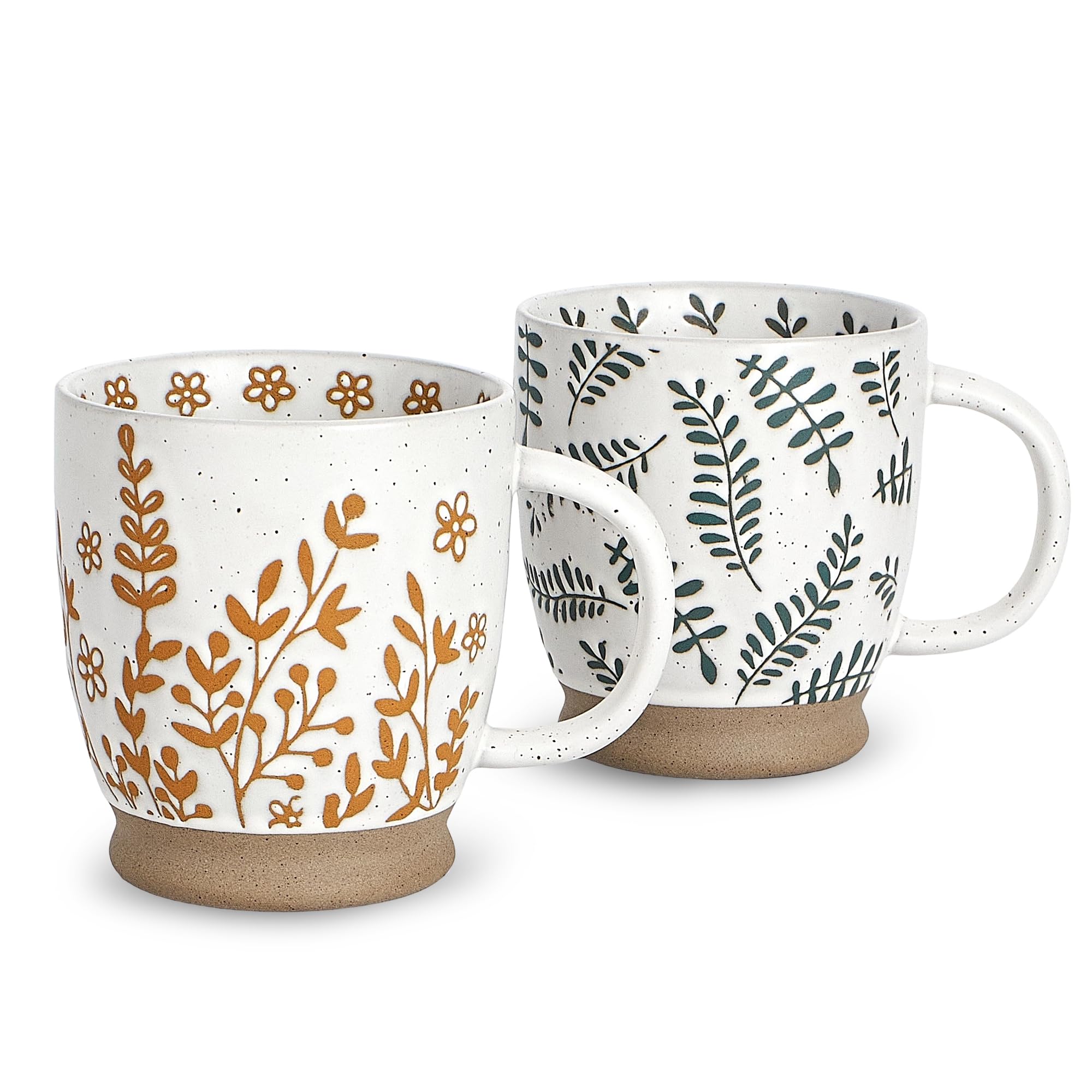 keramwerk 18 oz Ceramic Coffee Mug Set of 2, Handmade Floral Mugs with Plant Embossed, Rustic Tall Cup for Latte Tea Cocoa, Micr