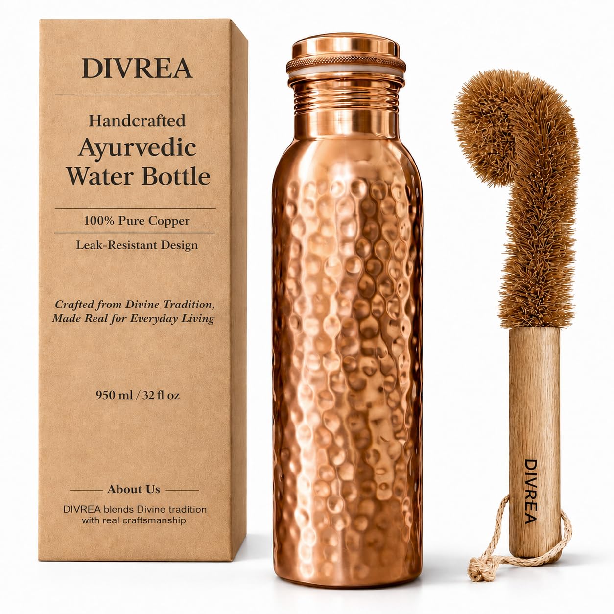 100% Pure Copper Water Bottle for Drinking  32 Oz Wide Mouth, Hammered Ayurvedic Copper Water Bottle for Drinking Water | Leak