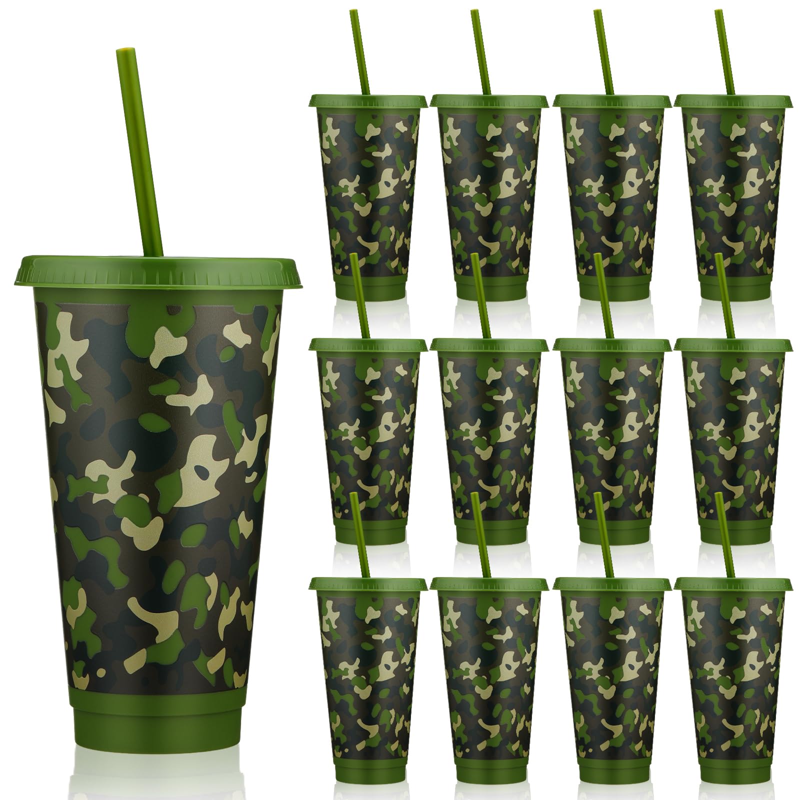 Acellegic 12 Pcs Camouflage Party Reusable Cups with Lid Straw 24 oz Camo Plastic Drink Cups Tumblers Bulk for Themed Party Favo