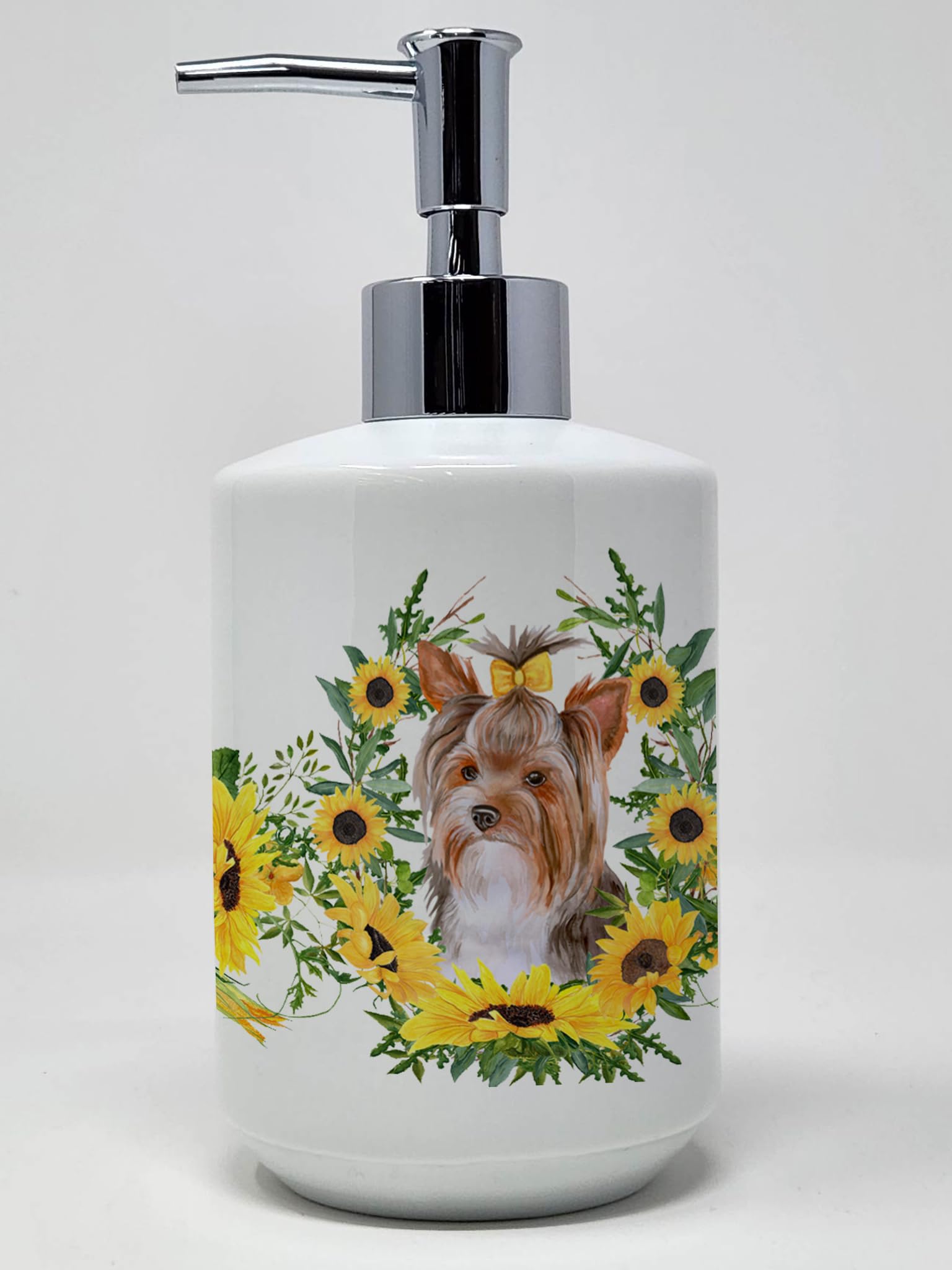 Caroline'S Treasures Ck2915Soap Yorkshire Terrier #2 In Sunflowers Ceramic Soap Dispenser Hand Soap Dispenser Pump Bottles For B