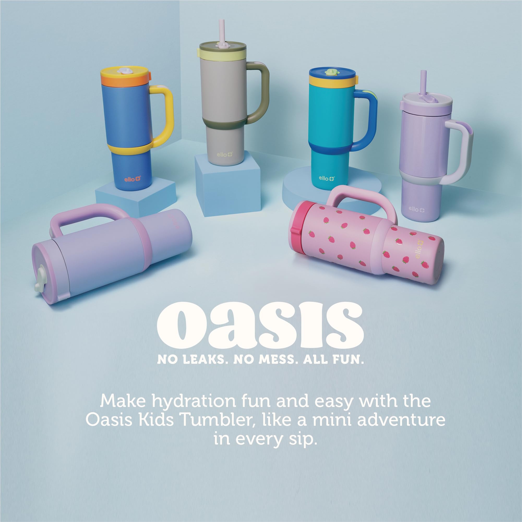 Ello Oasis 18oz Kids Tumbler - Leakproof Stainless Steel Cup with Handle & Straw, Glacier Color, Model 466-1801-002-8A