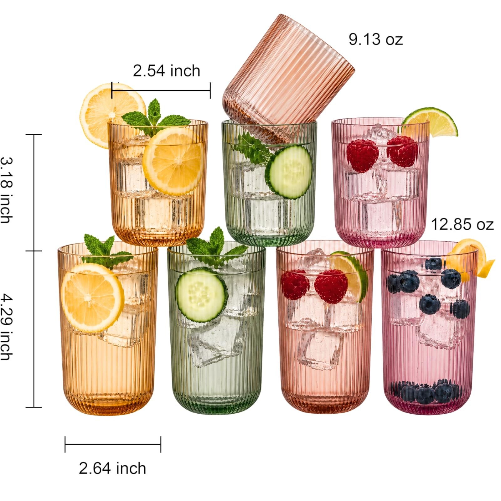 Set of 8 Ribbed Glasses - 4 Highball Glasses & 4 Lowball
