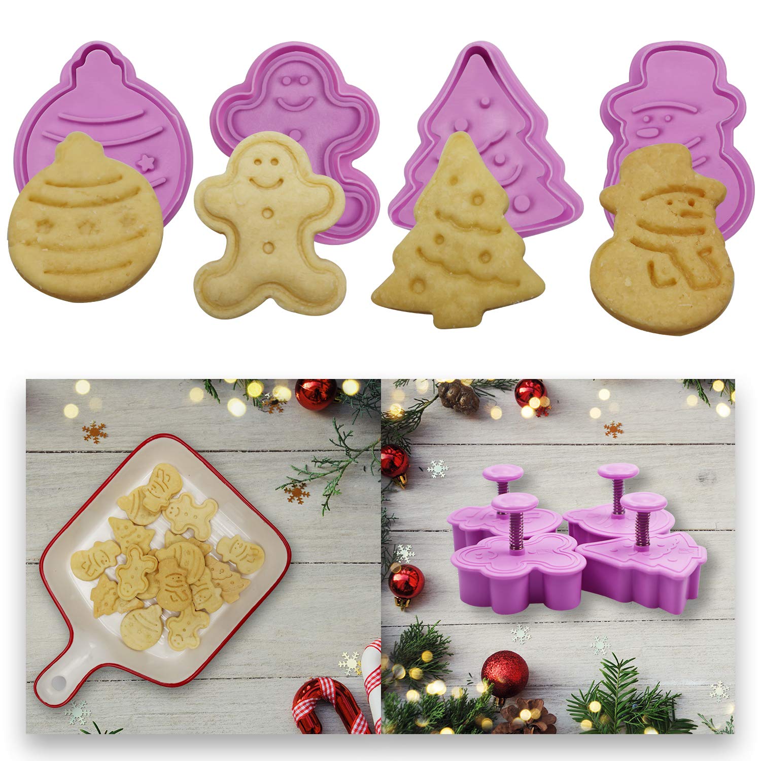 Mini 3D Christmas Cookie Cutters Set, Christmas Holiday Fondant Biscuit Pastry Cookie Cutter Stamp, Xmas Spring-Loaded Handle Cu