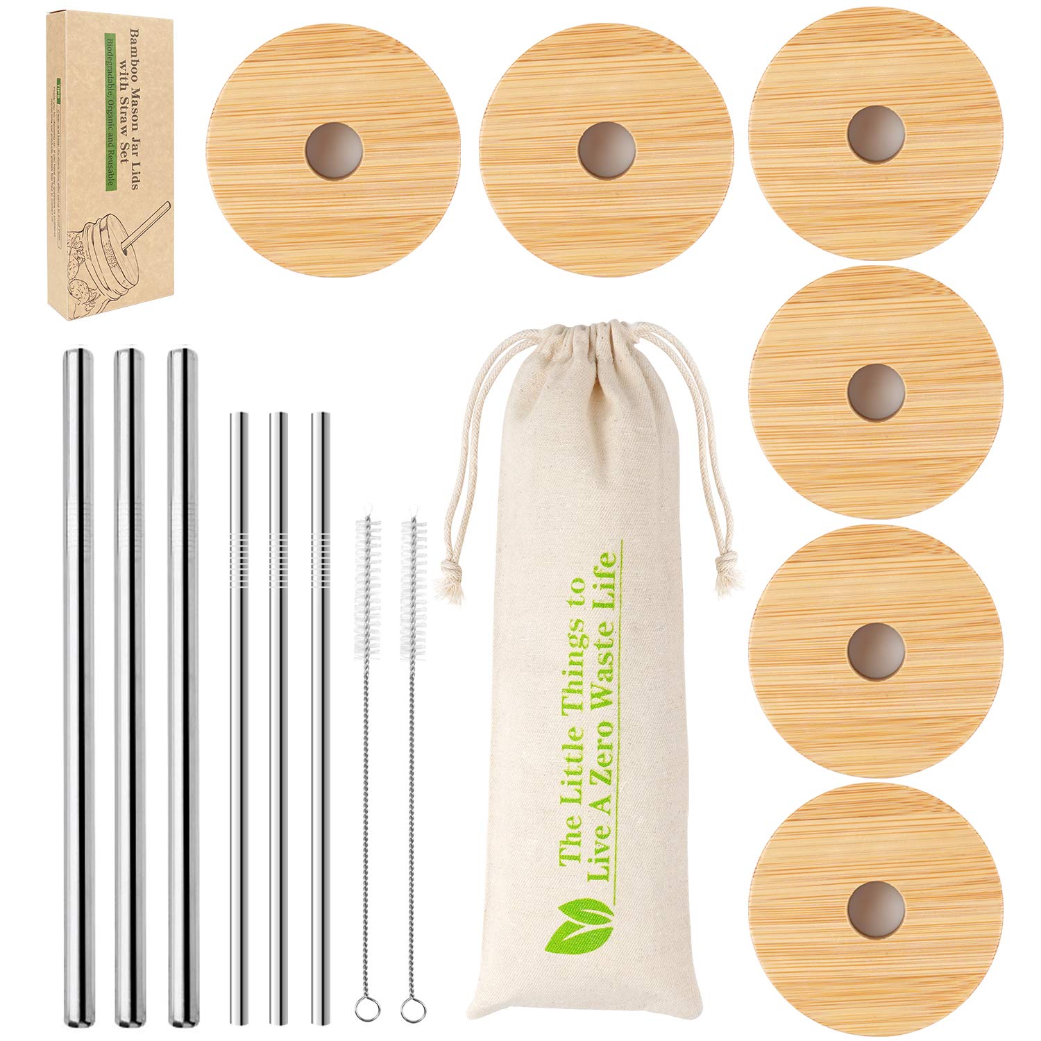 Wide Mouth Mason Jar Lids, CNVOILA Mason Jar Lids With Straw Hole, 6 Pack Bamboo Mason Jar Lid & 3 Stainless Steel Boba Straw & 