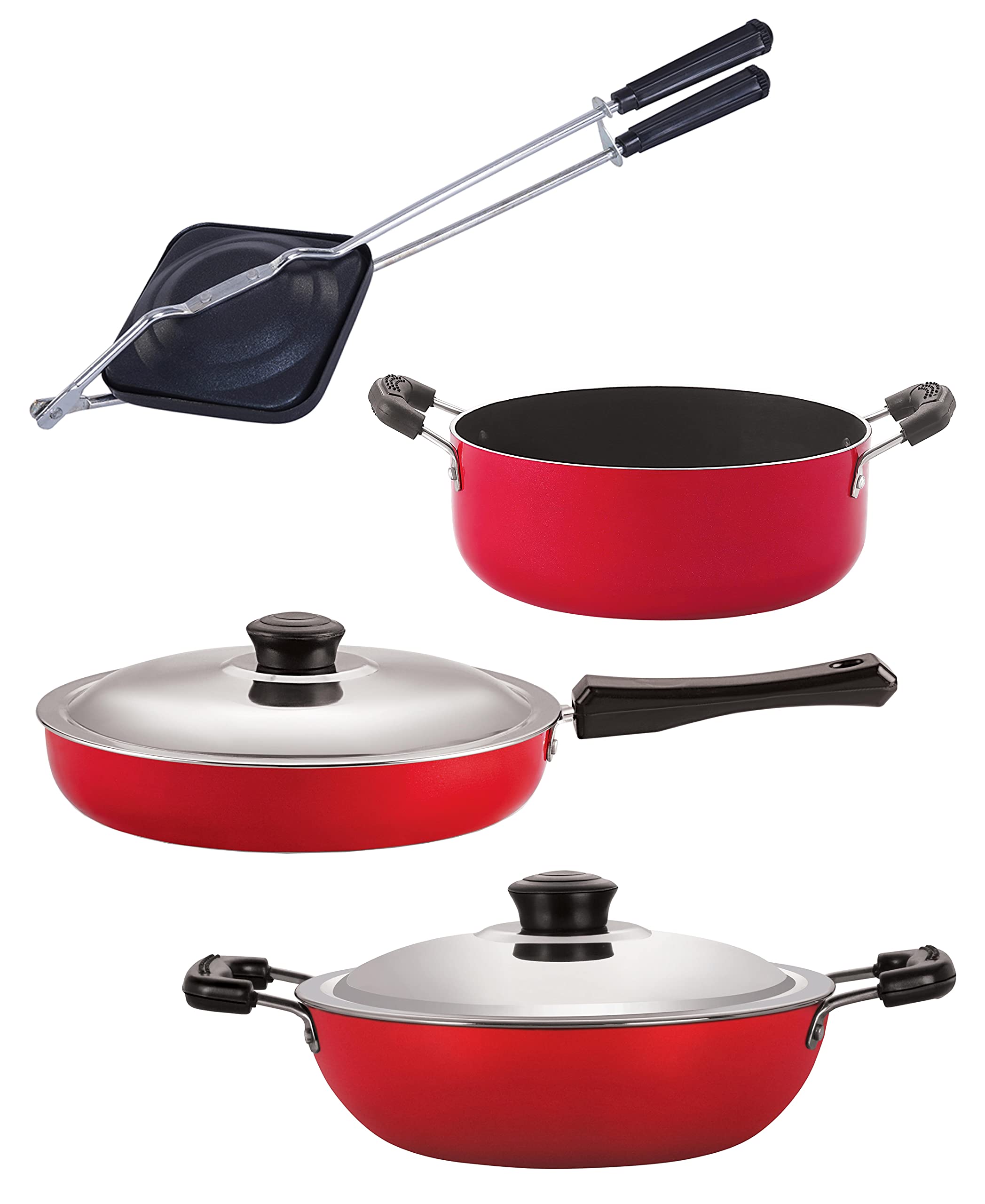 Nirlon NonStick Aluminium Cookware Essential Combo Gift Set Of 4Pieces With Bakelite Handle (Fp11_Dkd(M)_Ht_Cs24)(Red_ Nonstic