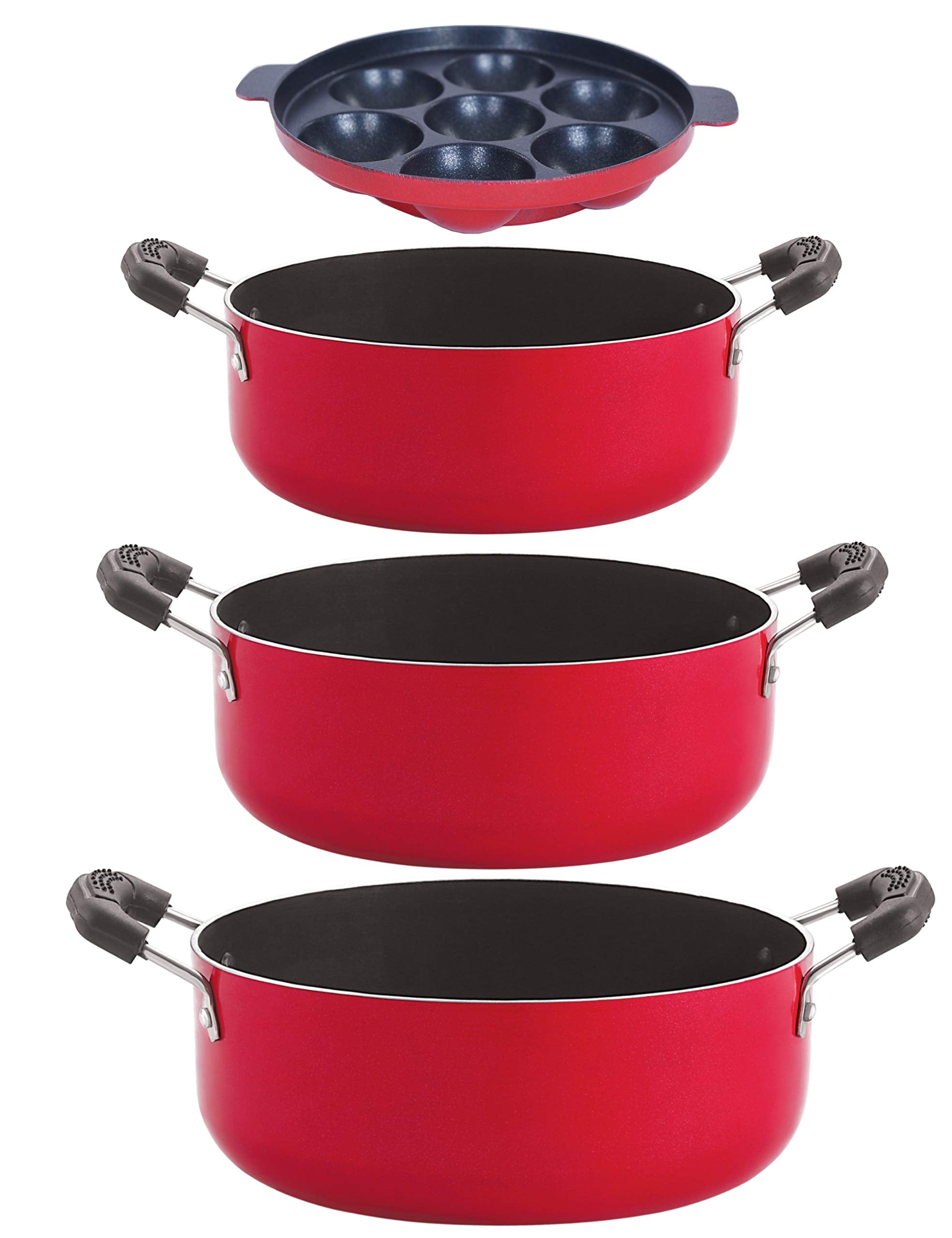 Nirlon NonStick Aluminium Cookware Set, 4Pieces, Red (Cs20_Cs26_Ap7_Cs24)