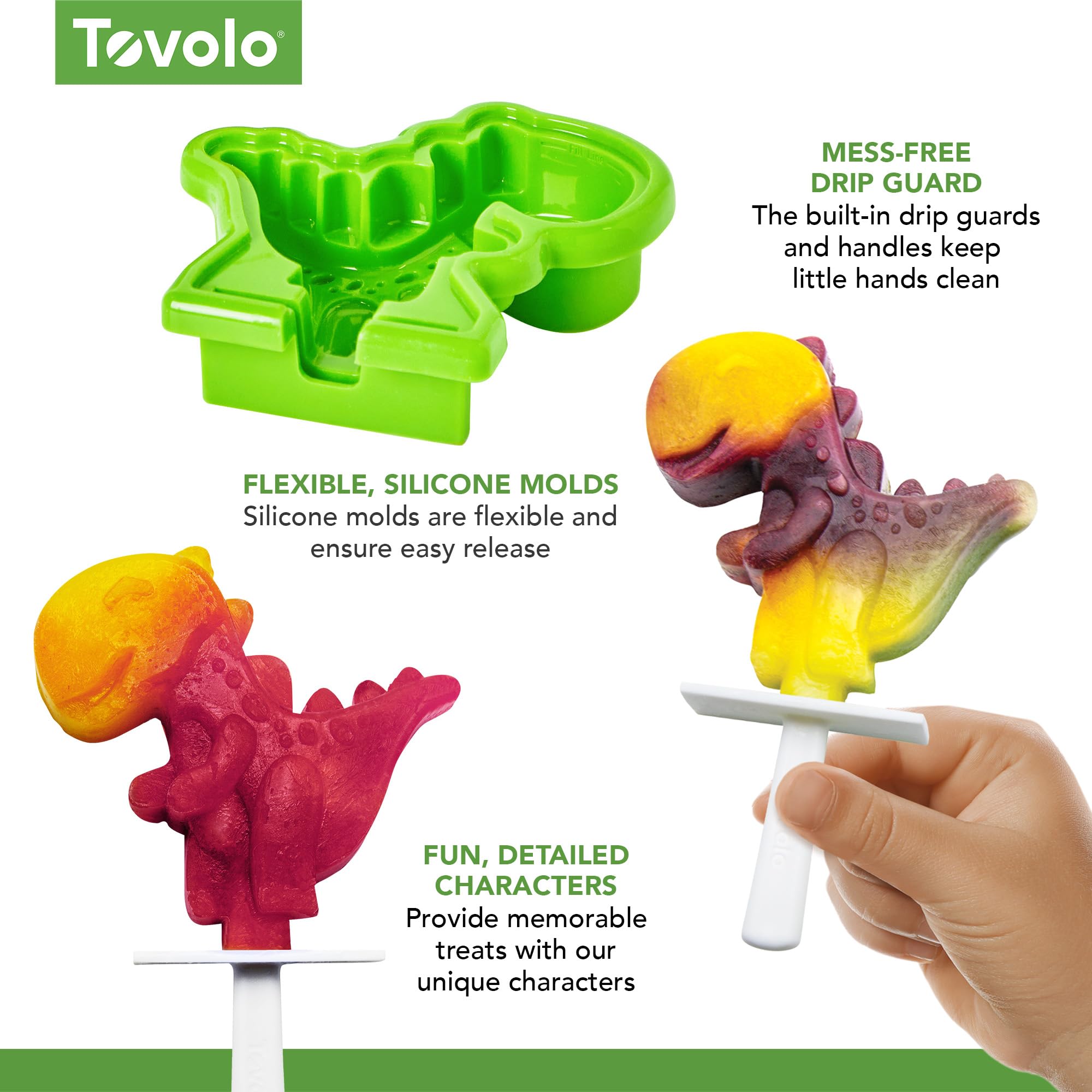 Tovolo Silicone Popsicle Molds (4-Pack, Dino) - BPA-Free, Dishwasher Safe, Clear/Orange, Stackable Ice Pop Maker