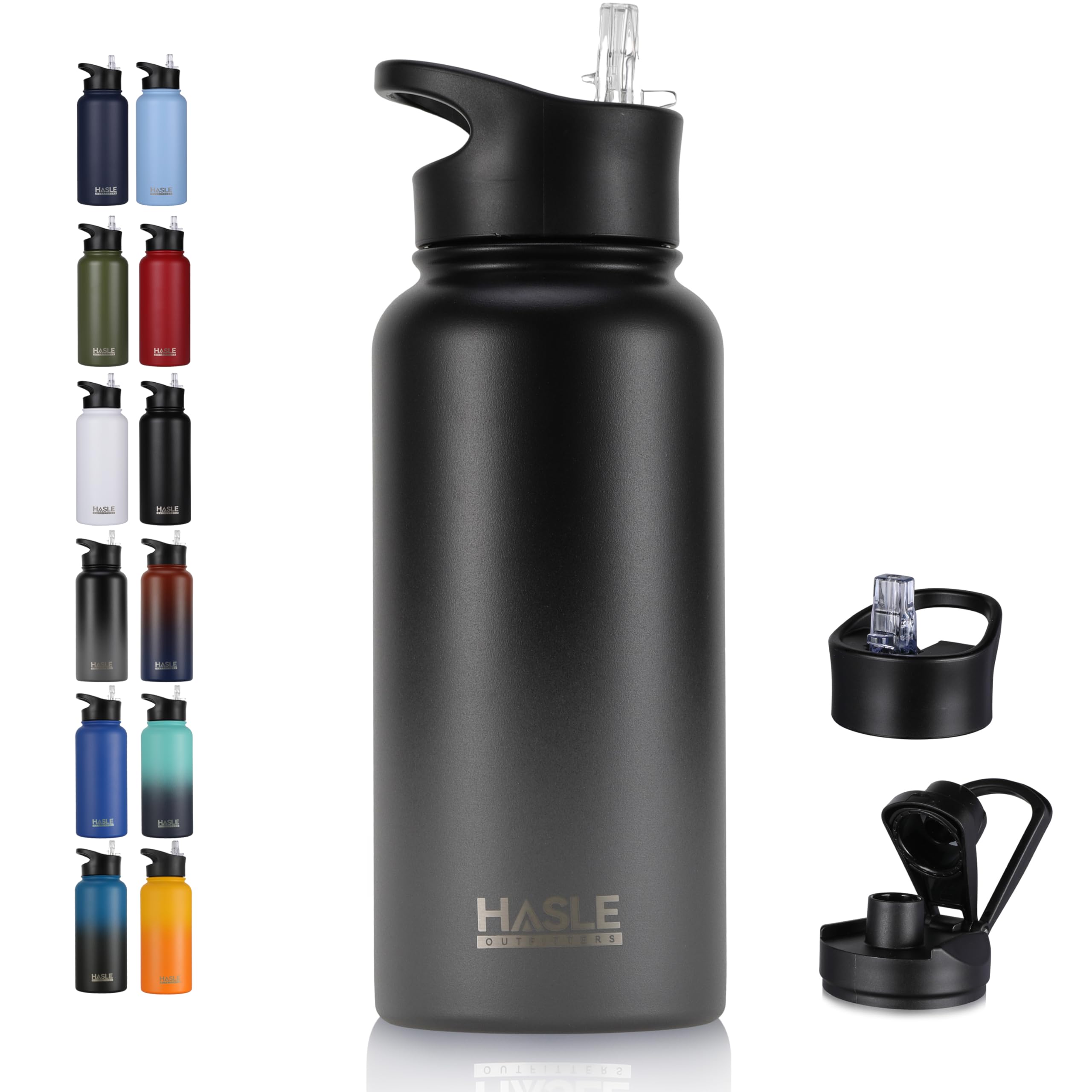HASLE OUTFITTERS 32oz Stainless Steel Water Bottle, Vacuum Insulated Double Walled Leak Proof Sports Water Bottle with 2 Lids (S