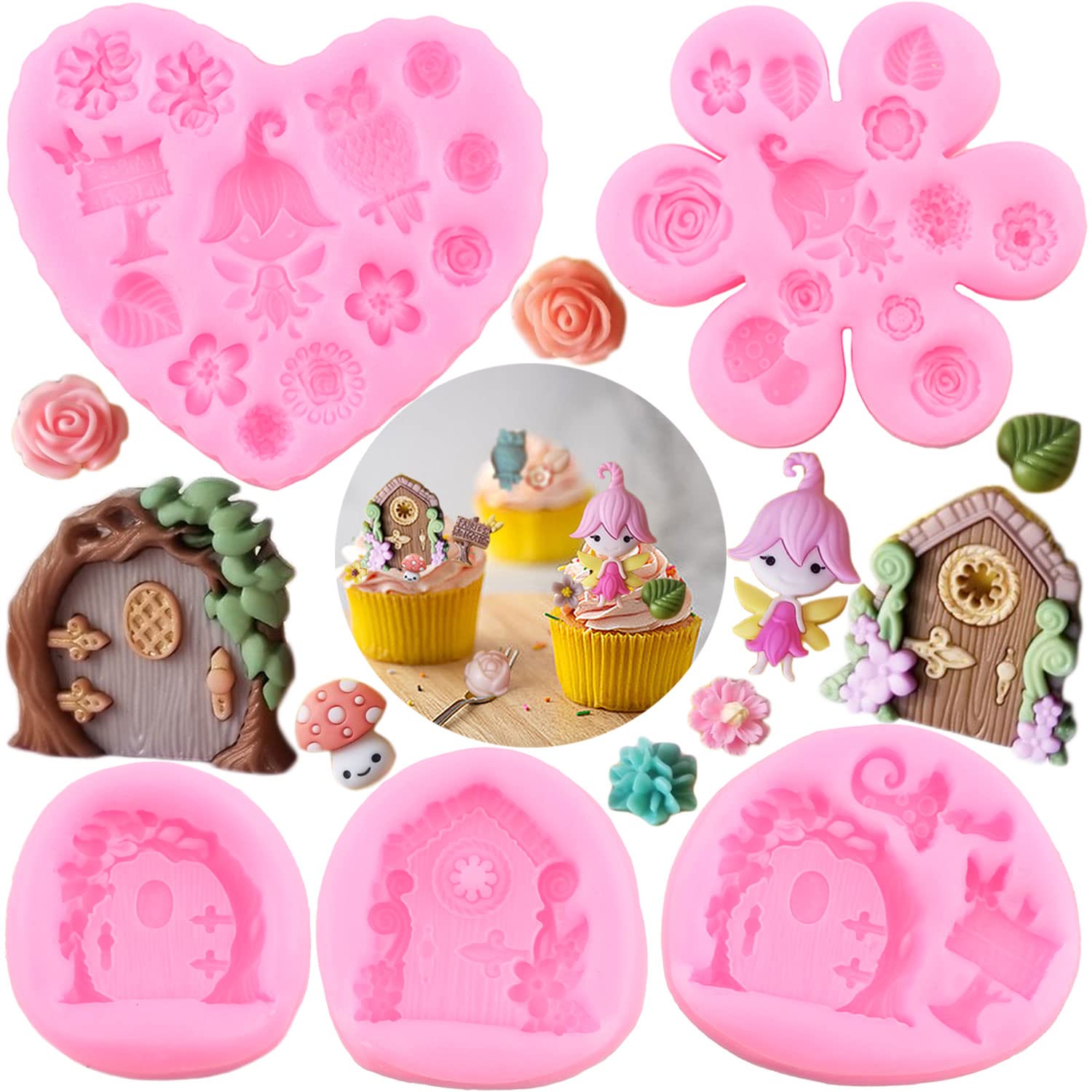 Zixiang Enchanted Vintage Fairy Garden Fairy Gnome Home Door Window Silicone Molds Flower Leaf Mushroom Fondant Mold For Rose Ca