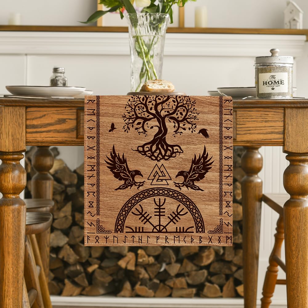 Artoid Mode Wood Viking Tree Of Life Raven Helmet Of Awe Table Runner, Seasonal Kitchen Dining Table Decoration For Home Party D