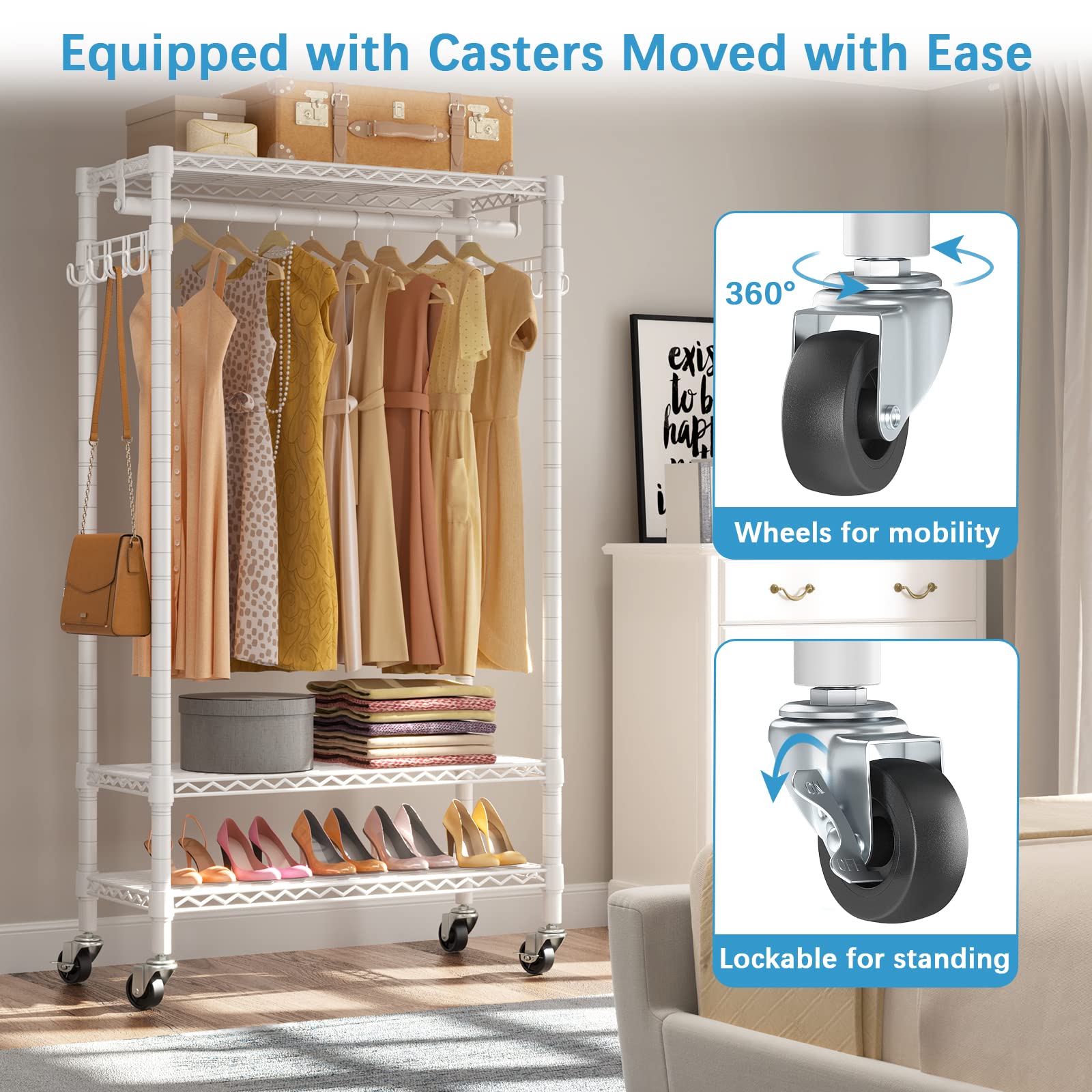 Vipek R1 Rolling Clothing Rack Heavy Duty Garment Rack For Hanging Clothes, Portable Closet Wardrobe With Wheels And Side Hooks,