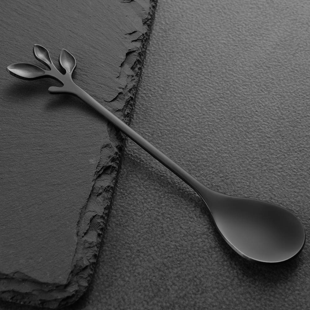 Stainless Steel Black Leaf Coffee Spoon Cake Fork-Ansaw 10 Pcs Creative Tableware Dessert Spoons, Stirring, Mixing, Sugar, Stir,