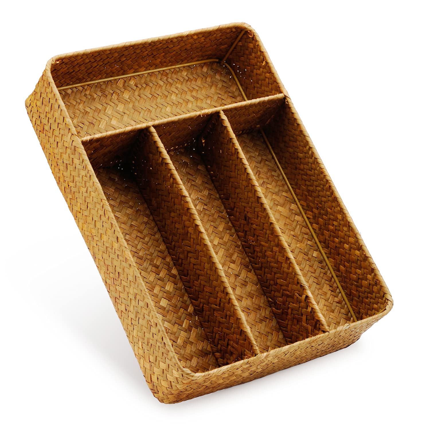 Decrafts Seagrass Storage Basket With Compartments Utensil Tray For Organization Silverware Flatware Rectangular Shelf Baskets W