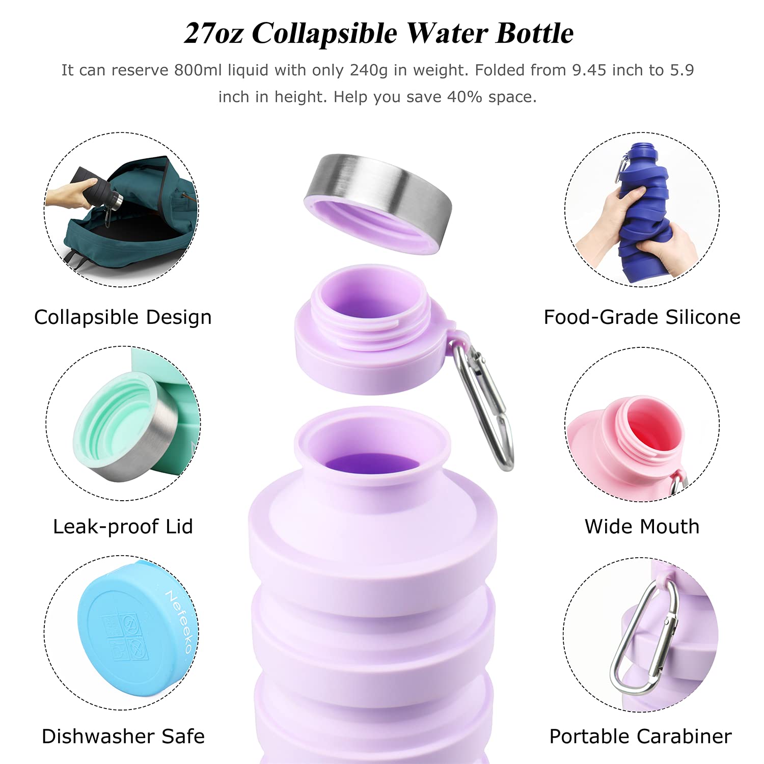 Nefeeko Collapsible Foldable Water Bottle, Reuseable Bpa Free Silicone Portable Leak Proof Sports Water Bottle With Carabiner Fo