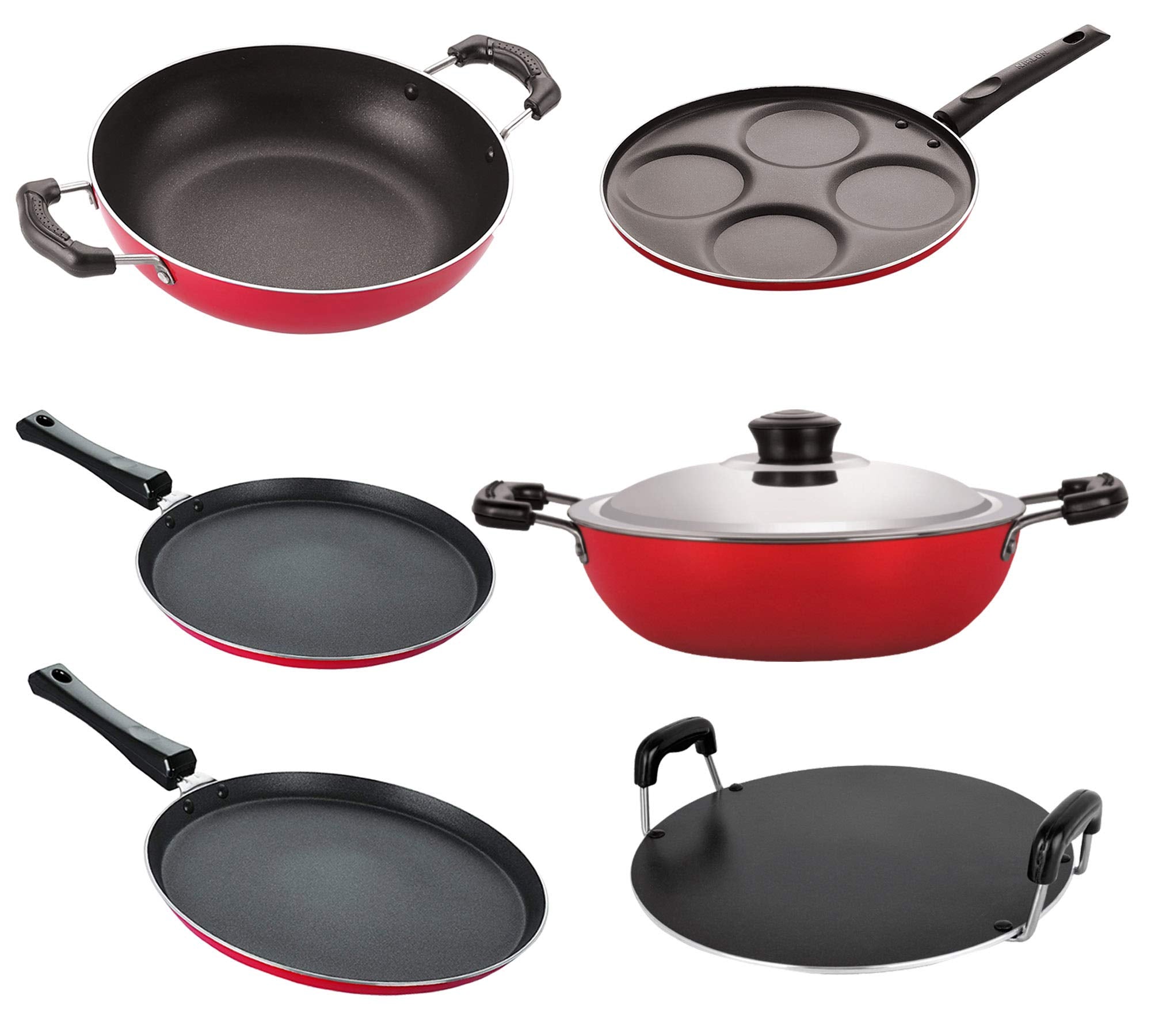 Nirlon Aluminium Non Stick Kitchen Utensil For Cooking Pots And Pan Set Of 6 Pieces (2.6Mm_Ft13_Ft12_Kd13_Dkdb_Rt_Up4)