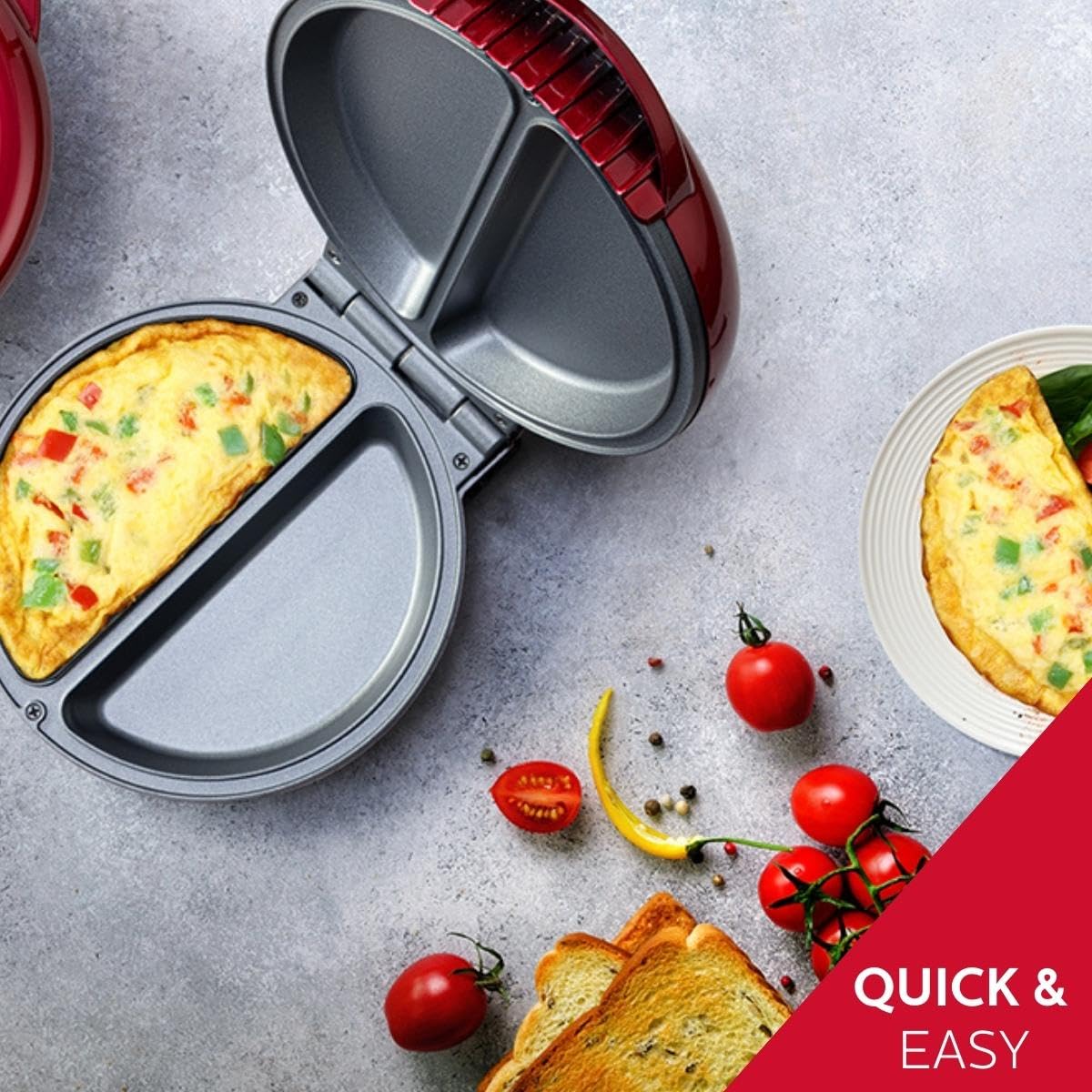 Holstein Housewares - Non-Stick Omelet & Frittata Maker, Metallic Red/Stainless Steel - Makes 2 Individual Portions Quick & Easy